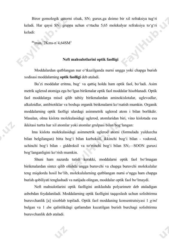 roratga va erituvchining tabiatiga, eritmaning konsentratsiyasiga bog‘liqdir. shuning uchun solishtirma buruvchanlikni ulchashda qanday haroratda va qaysi erituvchida olib borilganligini va nurni ungga yoki chapga burishligini (о‘ngga burish plyus, chapga burish minus bilan belgilanadi) kо‘rsatilishi kerak. masalan, (+) - vino kislotaning solishtirma buruvchanligi [a]20o = + 11,98° (suvda). moddalarning solishtirma buruvchanligini о‘lchashda optik faol bо‘lmagan erituvchilar, masalan, spirt, efir, xloroform, benzol, suv, atseton, shuningdek, spirt yoki atsetonning suv bilan aralashmalari, sirka kislota va boshqalar ishlatiladi. _1479730829.bin _1479730936.bin