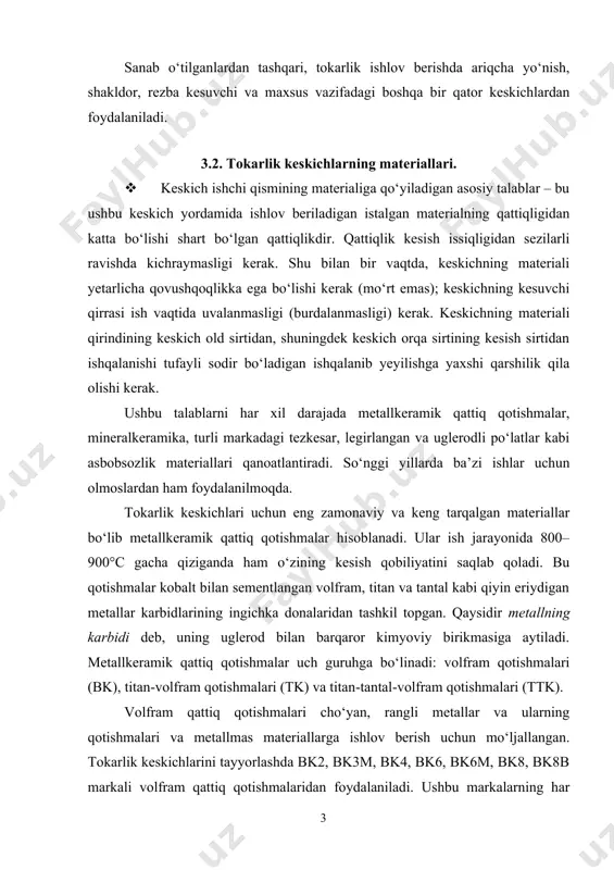 saqlab qoladi. bu qotishmalar kobalt bilan sementlangan volfram, titan va tantal kabi qiyin eriydigan metallar karbidlarining ingichka donalaridan tashkil topgan. qaysidir metallning karbidi deb, uning uglerod bilan barqaror kimyoviy birikmasiga aytiladi. metallkeramik qattiq qotishmalar uch guruhga bo‘linadi: volfram qotishmalari (bk), titanvolfram qotishmalari (tk) va titantantalvolfram qotishmalari (ttk). volfram qattiq qotishmalari cho‘yan, rangli metallar va ularning qotishmalari va metallmas materiallarga ishlov berish uchun mo‘ljallangan. tokarlik keskichlarini tayyorlashda bk2, bk3m, bk4, bk6, bk6m, bk8, bk8b markali volfram qattiq qotishmalaridan foydalaniladi. ushbu markalarning har biridagi b harfi volfram karbidini; k – kobaltni bildiradi; markada k harfidan keyin turgan raqam – ushbu qotishma tarkibidagi kobaltning miqdorini (foizlarda) ko‘rsatadi. qolgani – volfram karbidi. shunday qilib, masalan, bk2 markali qotishma tarkibida 2% kobalt va 98% volfram karbidi mavjud. ba’zi markalarning oxirida keltirilgan m harfi ushbu qotishma mayin zarrali ekanligini bildiradi (zarralarning kattaligi 0,5–1,5 mkm). agar qotishma yirik zarrali bo‘lsa (zarralarning kattaligi 3–5 mkm), qotishma markasida b …
