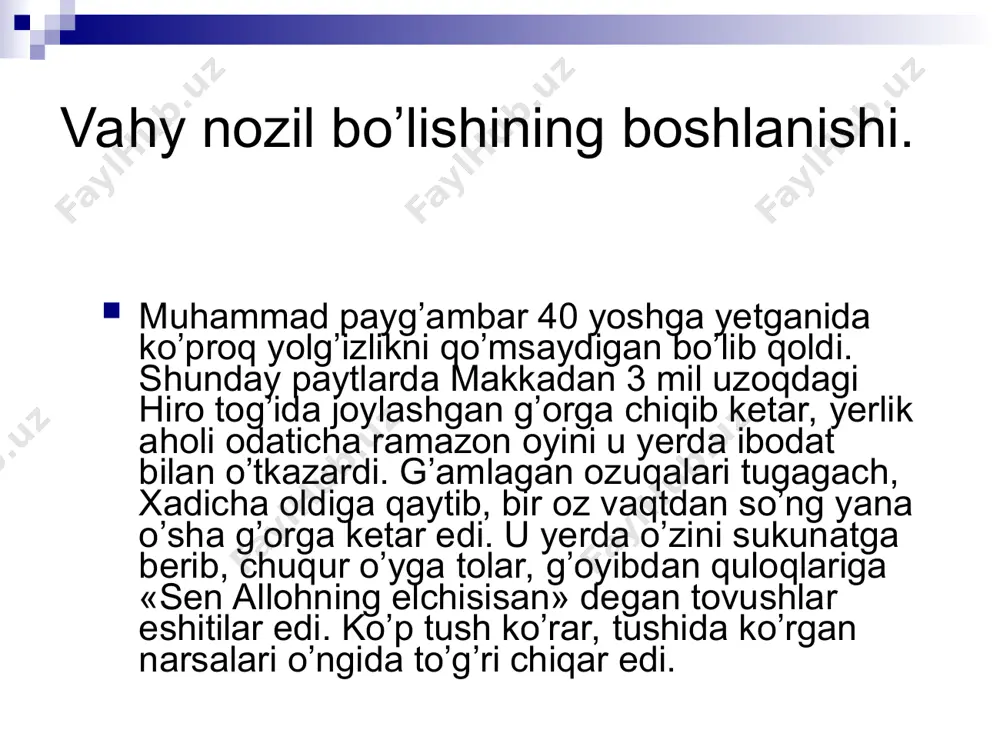 ga to’g’ri keladi. otasi abdulloh qurayshning banu hoshim, onasi omina bint vahb – banu zuhra urug’idan edilar. vahy nozil bo’lishining boshlanishi. muhammad payg’ambar 40 yoshga yetganida ko’proq yolg’izlikni qo’msaydigan bo’lib qoldi. shunday paytlarda makkadan 3 mil uzoqdagi hiro tog’ida joylashgan g’orga chiqib ketar, yerlik aholi odaticha ramazon oyini u yerda ibodat bilan o’tkazardi. g’amlagan ozuqalari tugagach, xadicha oldiga qaytib, bir oz vaqtdan so’ng yana o’sha g’orga ketar edi. u yerda o’zini sukunatga berib, chuqur o’yga tolar, g’oyibdan quloqlariga «sen allohning elchisisan» degan tovushlar eshitilar edi. ko’p tush ko’rar, tushida ko’rgan narsalari o’ngida to’g’ri chiqar edi. islomiy ma’naviyat nuqtai – nazaridan qaraganida har bir ulamo, har bir diniy rahbar faoliyati oddiy mo’’min – musulmonlar diqqat – e’tiborida bo’lib, ulamolar halol – pokligini ko’rib kimdir havas va xaris – tashnalik bilan din yo’liga kiradi va ikki dunyo saodatiga erishadi, kimdir esa o’zi haddan tashqari taassub qilgan, ideal deb bilgan ulamoning g’ayrashar’iy ishini …