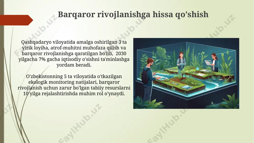 n, afrikaning savannalarida yashovchi hayvonlarni o'rganadi. tabiatshunoslik fanlar tizimidagi o'rni tabiatshunoslik, 30 dan ortiq fan yo'nalishlarini o'z ichiga oladi, jumladan, botanika, zoologiya va geologiya kabi asosiy sohalarni hamda o'zbekistonning noyob tabiat zonalarini o'rganishni qamrab oladi. tabiatshunoslikning integratsion tabiati uni atrof-muhitshunoslik, geografiya va ekologiya kabi 5 ta asosiy fan sohasi bilan chambarchas bog'laydi, bu esa 21-asr muammolarini hal qilishga yordam beradi. fizikaning ta'siri atmosfera fizikasi, 20 km balandlikdagi ozon qatlami kabi hodisalarni o'rganish orqali, yerning iqlim tizimini va toshkentdagi havo ifloslanishini bashorat qilishga yordam beradi. fizika yer sharining 4,5 milliard yillik geologik tarixini tushunishda muhim rol o'ynaydi, masalan, tektonik plitalarning harakatini va 7.8 balli zilzilalar kabi hodisalarni modellashtirishda. xulosa tabiatshunoslik fanlar tizimida 30 dan ortiq fan yo'nalishlari bilan chambarchas bog'liq bo'lib, jumladan, geografiya, geologiya va biologiya kabi fanlarni o'z ichiga oladi. o'zbekistonning turli hududlarida, masalan, farg'ona vodiysida va qoraqalpog'iston respublikasida olib borilgan 5 yillik tadqiqotlar tabiatshunoslikning amaliy ahamiyatini ko'rsatadi. kelajakdagi istiqbollar …