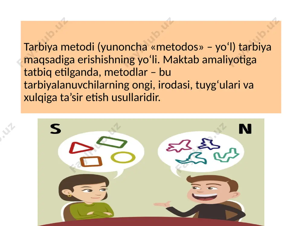 larini tarkib toptirishga qaratilgan boʻladi. farzandlarimizning kelajakda komil inson boʻlib yetishishlarida oila va jamiyatda yaxshi tarbiya olishning oʻrni beqiyosdir. ota-ona, ustoz-murabbiylar, rahbar va yoshi kattalar qancha madaniyatli, odobli boʻlsa, shu jamiyat va muhitda oʻsayotgan shaxslar ham shunchalik odobli boʻlib yetishadi. ibrat tarbiyasi insonni qadimdan qiziqtirib kelgan. bu ayniqsa, yunonistonnning mashhur mutafakkirlari – aflotun va arastuning nomi bilan bogʻliq pandnomalaridan keng oʻrin olgan. jumladan, sharq mamlakatlarida aflotunning arastuga, arastuning iskandarga nasihati va vasiyatnomalari yaxlit asar sifatida tarqalgan. arastuning aytishicha, tarbiyachining oʻzi tarbiya koʻrgan, insoniy fazilatlarni egallagan boʻlishi darkor. «shuni bilginki, - deydi arastu, - ta’lim-tarbiya bilan shugʻullanuvchi odam oʻzi tarbiya koʻrmagan boʻlsa, boshqalarni tarbiya qilolmaydi. xulqi yaxshi kishi boshqalarni yaramas, va iflos ishlarga boshlay olmaydi. agar sen oʻz oʻquvchingni tarbiyalamoqchi boʻlsang, avval oʻz ruhingni yaxshilashdan boshla. mabodo oʻzgalar aybini bartaraf etmoqni ixtiyor etsang, bundan oldin oʻz nafsingni nuqson va illatlardan tozalashing zarur. tarbiyada ragʻbatlantirish va jazolash metodlari ragʻbatlantirish metodlari – oʻquvchilarning …