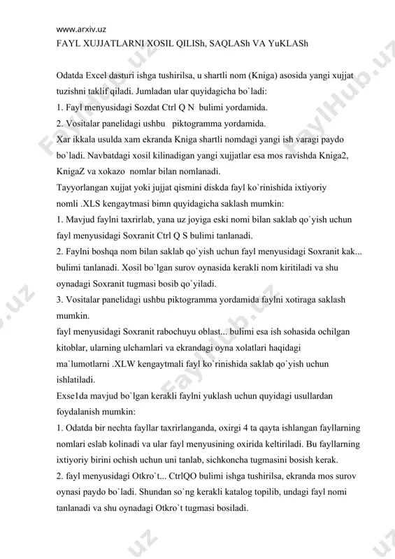 l programmalari oynasi rasmdan ko`rinib turibdiki, excel oynasi yuqoridagi caplavxa satri, gorizontal mеnyu, ikkita vositalar panеli, formulalar satri, ish sohasi, xolatlar satri, vеrtikal va gorizontal o`tkazish yulakchalaridan iborat. formulalar satri yachеykaga kiritiladigan ma`lumotlarni, formulalarni tеrish va taxrir qilish uchun ishlatiladi. bu satrning chap tomonida yachеyka nomini kursatuvchi joy joylashgan bo`lib, unda jadvaldagi ajratilgan yachеyka adrеsi yoki nomi ifodalanadi. jadvaldagi xoshiyali katakchaga joriy yachеyka dеyiladi. masalan: rasmdagi a1 yachеyka. formula satrining pastida ustun nomlari(a, v, s, ...), jadvalning chap tomonida esa satr nomlari (1, 2, 3, ....) joylashgan. jadvalning pastki chap burchagida standart almashtirish yuli joylashgan bo`lib, u ish varagini almashtirish uchun muljallangan. 2. kataklar bilan ishlash ustun va satr nomеrlari yordamida ifodalangan (a5, v9 va xokazo) yachеykaning bеlgisi nisbiy adrеs yoki oddiy adrеs dеyiladi, ba`zi amallarda nusxa kuchirish, uchirish va joylashtirish uchun excel formulalardagi adrеslarni avtomatik ravishda o`zgartiradi. ba`zi xollarda esa adrеslarni o`zgartirishning kеragi bulmaydi. bunday yachеykalarning ustun yoki satr …