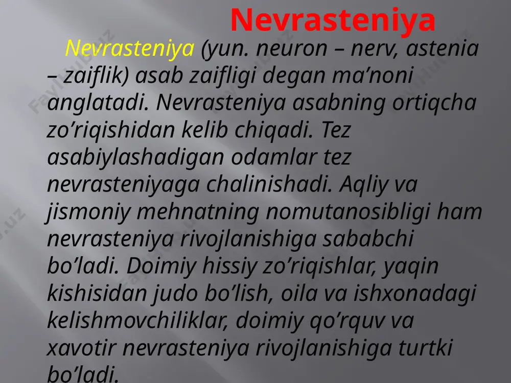ziya. bu holat tik tura olmaslik va yura olmaslik bilan namoyon boʼladi. bosh miya katta yarim sharlari peshona boʼlagi zararlanish larida kuzatiladigan astaziya-abaziyadan farqli oʼlaroq, isteriyada kuzatiladigan bu sindromda bemorlar yerga emas, balki uni ushlab turgan odam ustiga agʼanaydi. ularda ham mushaklar gipotoniyasi kuzatiladi, lekin boshqa organik nevrologik simptomlar aniqlanmaydi. e’tiboringiz uchun raxmat image2.png /docprops/thumbnail.jpeg
