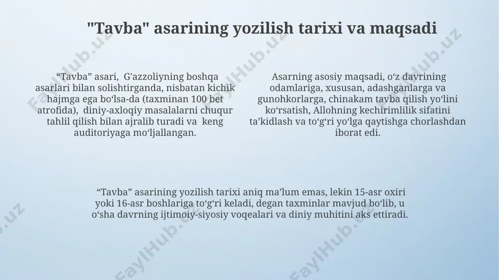 ltirilgan bo'lib, har bir daraja inson ruhiga turlicha, progressiv ravishda salbiy ta'sir ko'rsatadi, bu esa uni ma'naviy jihatdan zaiflashtiradi. g'azzoliy, gunohning inson qalbiga 5 ta asosiy salbiy ta'sirini – xavotir, qayg'u, uyqusizlik, ishtahaning pasayishi va immunitet tizimining zaiflashishini ta'kidlaydi. yomon odatlardan xalos bo'lish yo'llari yomon odatlardan xalos bo'lishning bir yo'li – 7 kunlik reja tuzish va har kuni kamida 3 ta kichik qadam bilan maqsadga intilish, bu esa asta-sekin o'zgarishga olib keladi. muvaffaqiyatsiz urinishdan keyin umidsizlikka tushmaslik muhim; 5 marta xato qilish normal holat, 6-urinishlar muvaffaqiyatga olib kelishi mumkin, chunki intizom va sabr-toqat muhim ahamiyatga ega. salbiy odatlarni ijobiy odatlar bilan almashtirish samarali usul hisoblanadi; masalan, kuniga 2 soat internet o'rniga 2 soat sport bilan shug'ullanish. g'azzoliyning tavba haqidagi fikrlari zamonaviy dunyoda g'azzoliyning tavba tushunchasi zamonaviy psixologiyadagi 5 bosqichli qayg'u modeli bilan o'xshashliklarni ko'rsatadi, bu esa uning 1000 yildan ortiq vaqtdan keyin ham dolzarbligini tasdiqlaydi. zamonaviy jamiyatdagi 70% dan ortiq …