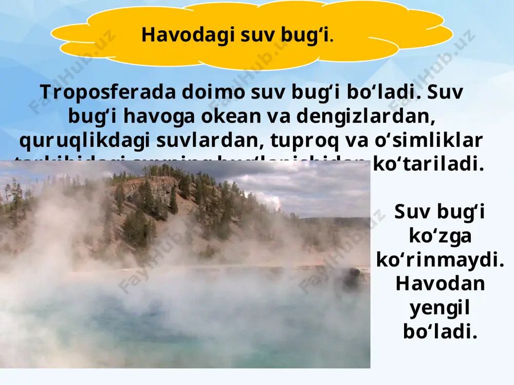 ‘p bulutlarni harorat 0°c dan past bo‘lgan balandlikka olib chiqib ketadi. havo harorati 0° dan pasayib ketganda bulut suv tomchilaridan emas, juda mayda ninasimon muzlardan iborat bo‘ladi. ular bir-birlari bilan qo‘shilib, qor uchqunlarini hosil qiladi. yog‘in faqat bulutdan emas, ochiq havodan ham yog‘adi. siz bahor, kuz oylarida ertalab shudring tushganini ko‘rgansiz. shudring hosil bo‘lishiga sabab shuki, kunduzi isigan yer va o‘simliklar kechqurun quyosh botishi bilan tezda soviydi. shudring yer yuzasiga yoqqan yog‘in miqdori yog‘in o‘lchagich asbobi bilan aniqlanadi (58-rasm). 58-rasm. yog‘in o‘lchagich. qish kunlari suv tomchilari muzlab, shudring emas, qirov hosil bo‘ladi. . qor qalinligi santimetrlarga bo‘lingan maxsus reyka bilan o‘lchanadi savol va topshiriqlar: 1. havoga suv bug‘i qayerdan keladi? 2. havoning mutlaq namligini tushuntirib bering. 3. bulut nima? u qanday hosil bo‘ladi? 4. bulutning qanday turlarini bilasiz? 5. yog‘inlar qanday hosil b o‘ladi? image2.jpg image3.jpeg image4.png image5.jpeg image6.jpeg image7.jpeg image8.jpeg image9.emf image10.jpg image11.png image12.jpeg image13.jpg image14.jpeg image15.emf image16.jpg image17.jpg …