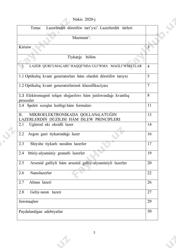 ul bolsa óz nawbetinde, joqarıda aytılıp ótilgenindey, lazerler járdeminde materiallardı qayta islew hám olarǵa islew beriwdiizertlewge bolǵan itibardı kúsheytiredi. keyingi jigirma jıl ishinde qayta islenip atırǵan materiallardı lazer qurılmaların qollaw menen qızdırıw usılı keń paydalanıla baslandı. hazir tolıq tiykar menen sonı aytıw múmkin, lazer texnologiyası dep arnawlı termin menen atalıwshı bul jańa baǵdar tolalıǵınsha rawajlandı: yaǵnıy onıń tiykarǵı fizikalıq qasiyetleriúyrenildi, ásbap-úskeneler túrleriislep shıǵıldı, sanaat hám islep shıǵarıw masshtabında júzege keliwshi qatar texnologiyalıq mashqalalar sheshildi. lazerlerdi qollaw nátiyjesinde miynet ónimdarlıǵı keskin artıp, islep shıǵarılıp atırǵan ónimniń sıpatı jaqsılanıp tannarxı páseyedi. házirgi kúnde islep shıǵarıwdıń bazi túrlerin lazerlersiz kóz aldımızǵa keltiriw qıyın. bul temanıńáhmiyetliligi sonda, lazer nurlarınıń zatlarǵa tásirinde onıń kvantları atom hám molekulalar arqalı qayta islenip atırǵan materialdıńústki qatlamlarına energiya berip turadı. lazer menen nurlantırılǵan bettegi tıǵızlıq quwatlılıǵı qısqa waqıt ishinde bir kvadrat santimetrde júzlep milliard vattqa teń boladı. bul kurslıq jumısında lazerlerdińislewi tiykarındaǵı fizikalıq principleri,lazerlerdiń dóretiliw tariyxi ham olardiń túrleri …