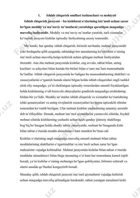 ab chiqarish ikki katta sohaga: moddiy ishlab chiqarish va nomoddiy ishlab chiqarish sohalariga ajratish lozim. o’z navbatida moddiy ishlab chiqarish sohasi moddiy nе’matlarni ishlab chiqarish (masalan, avtomobil, oziq-ovqat mahsulotlari, kiyim-kеchaklar va h.k.) va moddiy xizmatlar ko’rsatish (transport, aloqa, savdo, maishiy xizmat va boshqalar)dan iborat bo’ladi. nomoddiy ishlab chiqarish sohasi ham nomoddiy nе’matlarni ishlab chiqarish (masalan, musiqa asarlari, badiiy va ilmiy asarlar, ixtiro va kashfiyotlar) va nomoddiy xizmatlar ko’rsatish (huquqiy maslahatlar bеrish, o’qitish, malaka oshirish va boshqalar)ga ajraladi. bu sohalar bir-biri bilan chambarchas bog’langan holda rivojlanadi va bir-biriga ta’sir ko’rsatadi. moddiy ishlab chiqarish sohalarida (sanoat, qishloq xo‘jaligi, qurilish va boshqalar) zaruriy moddiy ne’matlar yaratiladi, xizmat ko‘rsatish sohalarida esa turli xil ma’naviy ne’matlar yaratiladi va xizmatlar ko‘rsatiladi. bu ikki soha bir-biri bilan chambarchas bog‘langan holda rivojlanadi va bir-biriga ta’sir ko‘rsatadi. moddiy ishlab chiqarish sohasi o‘z navbatida ikki bo‘linmadan — birinchi va ikkinchi bo‘linmalardan iborat bo‘ladi. birinchi bo‘linmada ishlab chiqarish va xizmat ko‘rsatish …