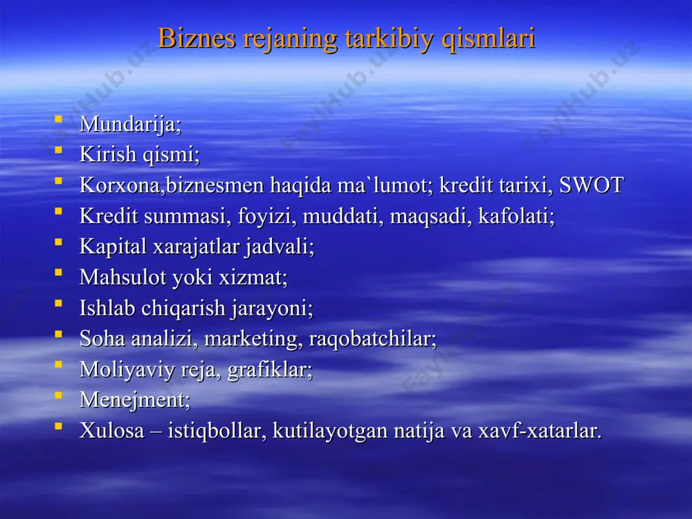sh: а. materialni bichish маxsus texnologiya asosida b. materialni overlog qilish маxsus texnologiya asosida c. tikish va tikish turlari маxsus texnologiya asosida muhandislik inshootlari bilan ta`minlanganligi: transport yo`llari ishlab chiqarish binosi asosiy yo`l yoqasida joylashgan zaruriy kommunal xizmatlar bilan ta`minlanganligi: elektr tarmog`i bilan ta`minlangan suv va oqava suv tarmog`i bilan ta`minlangan gaz ta`minoti bilan ta`minlangan raqobatchilar tahlili… raqobatchilar sifati narxi qo’shimchalar bizning maxsulotimiz “kamolotshukronasi” xususiy korhonasining maxsulotlari yuqori darajali kelishilgan narxda maxsulotlarni kerakli joyga olib borib berilishi bepul. (viloyat bo’yicha) moxir qo’llar uyushmasi oliy bozor narxida x oy davomida 26 kun ish kuni 1 oyda ishlab chiqariladigan maxsulot qiymati n mahsulot turi summasi miqdori 1-kunlik 1-oylik i/ch maxsulot bir oylik 1 milliy qo’girchoq 10000 10 260 2600 000 2 yumshoq o’yinchoq 50000 10 260 1300 000 3 jami: 4200 000 maxsulot tannarxini chiqarish ўлчов бирлиги миқдори нархи 1 дона махсулотга харажат xom ashyo mato sm 30 1000 1000 ish haqi …
