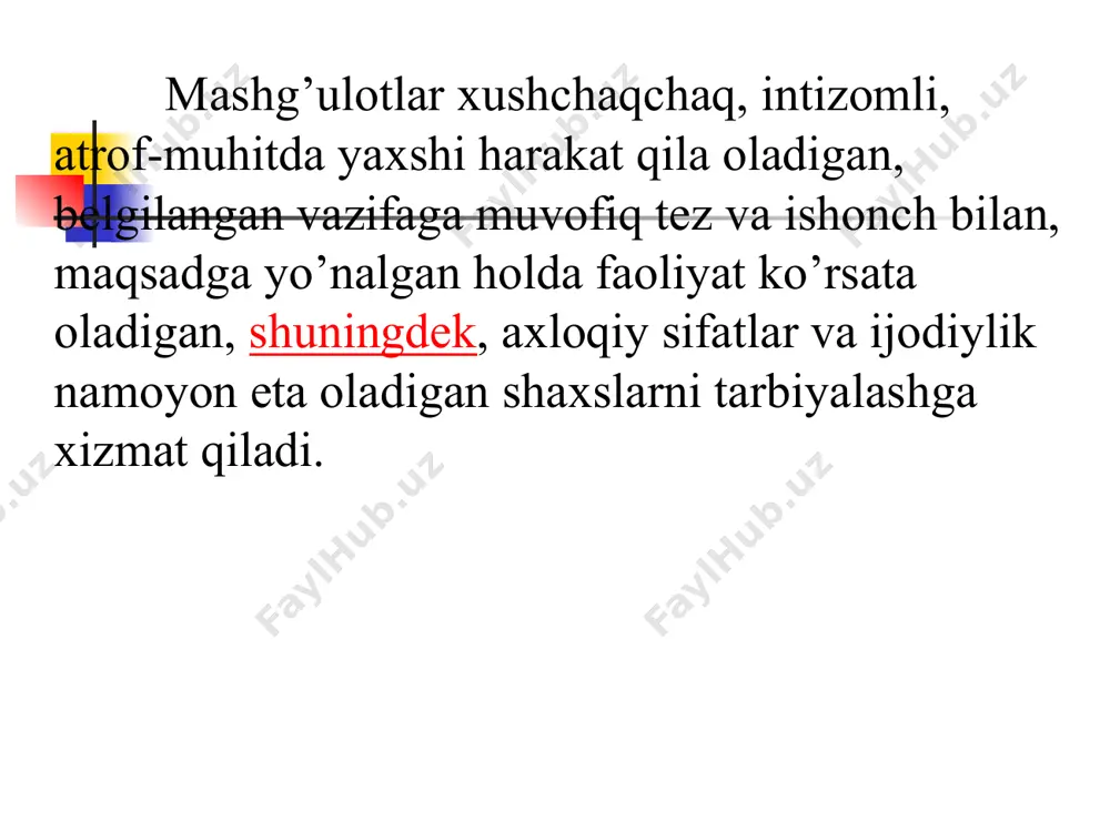 aniladi. tabiiy omillardan mujassam holda foydalanish bolalarda tashqi muhitning turli noxush ta’siriga nam (havo, yomg’ir, shamol, qizish) nisbatan chidamlilikni hosil qiladi. havo vannalari – bolalar harakat faoliyati vaqtida havoni terining yalang’och qismiga bevosita ta’sir etishini ta’minlaydi. bunda havo vannasining eng maqsadga muvofiq va tabiiy ko`rinishi ochiq havoda hamda deraza darchalari ochiq xonalarda o`tkaziladigan ertalabki badantarbiyadir.bola havo vannalarini avval xonada, keyin ko’chada oladi. havo vannalari sovuq (10-20 s), befarq (23-30s) va issiq (30s dan yuqori) bo`ladi. bola sovuq havoga asta-sekin o`rgatiladi. dastlab bolalar ishtonchada 15-20 daqiqa havo vannasini xonada qabul qiladilar. havo vannasi olina boshlangandan 10-15 kun o`tgach, bolani ko`chaga yengil kiyintirib chiqarish mumkin. suv tadbirlari artinish, belidan suv quyish, dush, cho`milish (basseyn, daryo, ko’l, dengizda) kabi muolajalardan iborat. shifokorning bolalarning uziga xos xususiyatlari va sog’lig’ini hisobga olib bergan tavsiyasi bu muolajalarni belgilash uchun asos bo`lib xizmat qiladi. suv muolajalarida bolaning faol bo`lishi maqsadga muvofiq va zururdir. barchangizdan minadormiz!! e'tiboringiz uchun …
