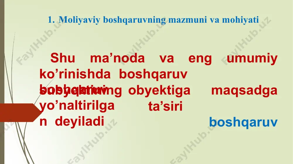 edit siyosatining asosiy yo’nalishlari, iqtisodiyotdagi hisob-kitoblar va to’lovlar-ning ahvolini yaxshilash bo’yicha takliflarni ishlab chiqishda ishtirok etish; faol investitsion siyosatni shakllantirish va uni amalga oshirishga yo’naltirilgan choralarni ishlab chiqish, davlat investitsiya dasturlari va mamlakat taraqqiyot byudjetini ishlab chiqish va moliyalashtirishda qatnashish; asosiy vazifalari moliya vazirligining quyidagilardan iborat: moliyaviy rejalashtirish moliyalashtirish sohalarida va milliy metodik xo’jalikni (uslubiy) rahbarlikni amalga oshirish; mamlakat moliyaviy resurslar balansini ishlab chiqishda (iqtisodiyot vazirligi bilan birgalikda) faol ishtirok etish; moliyaviy intizom buzilganda moliyalashtirishni chek-lash yoki umuman to’xtatib qo’yish; moliya vazirligining markaziy apparatida quyidagi bosh boshqarmalar va boshqarmalar bo’lishi mumkin: davlat byudjeti bosh boshqarmasi; valyuta aktivlari va majburiyatlari bosh boshqarmasi; hududlar moliyasi bosh boshqarmasi; agrosanoat majmuini moliyaviy tartibga solish bosh boshqarmasi; ijtimoiy soha va fanni moliyalashtirish bosh boshqar- masi; nazorat-taftish bosh boshqarmasi; investitsiyalar boshqarmasi; iste’mol bozori va xizmat ko’rsatish sohalarini moliyaviy hamda narx orqali tartibga solish boshqarmasi; moliya vazirligining markaziy apparatida quyidagi bosh boshqarmalar va boshqarmalar bo’lishi mumkin: boshqaruv …