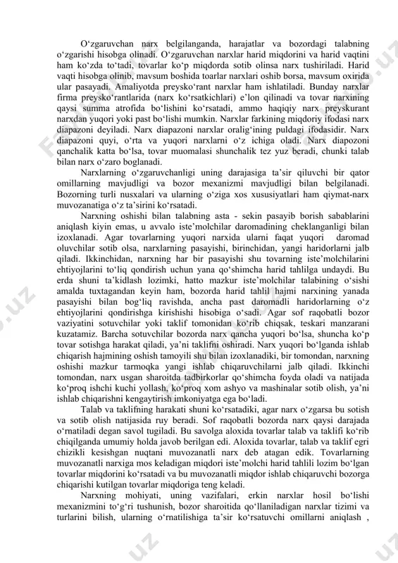 urgan barcha narx turlari uning tizimini tashkil qiladi. narx tizimida ularning ayrim turlarining iqtisodiy mazmunini qisqacha qarab chiqamiz. ulgurji narxlar. ishlab chiqaruvchilar tomonidan katta partiyadagi tovarlar bir yula ko‘tarasiga sotilganda ulgurji narxlardan foydalaniladi. ulgurji narxlar ishlab chiqaruvchilar va ta’minlash-sotish tashkilotlari harajatlarini qoplashi hamda ularning ma’lum miqdorda foyda ko‘rishini ta’minlanishi zarur. ulgurji narxlar tovar birjalari va savdo uylarida ham qo‘llaniladi. shartnoma narxlar. bu sotuvchi va haridorning roziligi bilan belgilanadigan, ular tomonidan tuzilgan shartnomada qayd kilingan narxlardir. shartnoma narxlar odatda shartnoma bitimi amal qilib turgan davrda o‘zgarmaydi. mazkur narxlar ham milliy va ham halkaro bozorda qo‘llaniladi. u halkaro bozorda qo‘llanilganda tovar (xizmat) larning jaxon narxlariga yakin turadi. chakana narxlar. bu narxlarda tovarlar bevosita iste’molchilar-ga sotiladi. chakana narxga tovarning ulgurji narxi, chakana savdo tashkilotlarining harajatlari va ularning oladigan foydasi kiradi. chakana narx tovarlarga bo‘lgan talab va taklifni bog‘lovchi rolini uynaydi, hamda ularning nisbatiga qarab yuqori yoki past bo‘lishi mumkin. davlatning narxlarini tartibga solishlik …