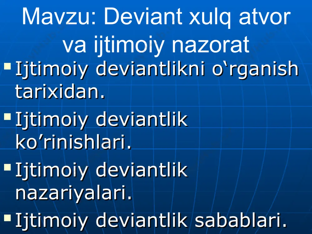 chiqadi, insonning o’zini takomillashtirish va o’z imkoniyatlarini rivojlantirish qobiliyatini anglatadi. huquqdan farq qilib, axloq birinchidan asosan baholash vazifasini bajaradi (yaxshi-yomon, adolatli-adolatsiz), ikkinchidan uning me]yorlari birinchi navbatda nomus, burch, vijdon, adolat va shu kabi tushunchalarni mujassamlashtirgan ichki ruhiy kechinmalar orqali faoliyat yurgizadi. urf-odat va an’analar ushbu me’yoriy tizim xulq-atvorning erkin moslashuvchi, shu sababli odatga aylangan, tarixiy shakllangan namunalari, asosan kishilarning birga yashash qonuniyatlarini ifodalaydi. axloqiy me’yorlardan farq qilib, urf-odatlar aniq va bir xil, ba’zan to’la shakllangan ko’rinishga ega bo’ladi. diniy me’yorlar juda qadimiy tizim bo’lgan dinning me’yorlari ham turlicha bo’ladi. shuningdek, mazmuniga ko’ra diniy me’yorlar turli, huquqiy, axloqiy, urf-odat, estetik va tashkiliy me’yorlarni o’z ichiga oladi va shu sababli ko’pincha yuqoridagi me’yoriy tizimlarning har birining boshqaruv xususiyatlarini qamrab olishi mumkin. diniy me’yorlar ichki ta’qiqlar bilan birga tashqi ta’qiqlar orqali ham ta’sir qiladi. ijtimoiy me’yorlar klassifikatsiyasi: ko’lamiga ko’ra: kichik guruhlarda (do’stlar, sinfdoshlar, oila a’zolari va shu kabi) qabul qilingan me’yorlar; katta guruhlarda …