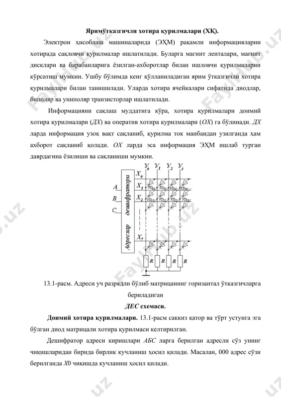 . адреси беш разрядли бўлиб, матрицанинг горизонтал ва вертикал ўтказгичларга бериладиган дес схемаси. 13.2-расмдаги dx матрицасида адреслар икки қисмга бўлинган бўлиб, улар матрицанинг ҳам горизонтал, ҳам вертикал симларига берилиши мумкин. хотирани бундай ташкил қилиш адреслар сони кўп бўлганда қулайдир. хотира ячейкалари сифатида ҳам – эмас схемасини иккита киришини х ва y симларига схемаларнинг чиқишлари параллел уланади. хотира ячейкасига информацияни ёзиш турли усулда: масалан, ҳам – эмас схемаси киришидаги эмиттер учларини куйдириш орқали амалга оширилиши мумкин. қурилма қуйидагича ишлайди. адрес дешифровка қилингандан сўнг матрицанинг битта горизонтал ва битта вертикал ўтказгичларида кучланиш ҳосил бўлади. бу эса ҳам – эмас схемасининг умумий чиқишида 0 ёки 1 пайдо бўлишига олиб келади. 0 ёки 1 ҳосил бўлиши эмиттер кириши кесишиш нуқтасига уланган ёки уланма-ганлигига боғлиқ. умуман олганда, битта матрица ҳар бир адрес учун бир хонадаги ахборотни сақлай олади. шу боис хотирага n – хонали сўзни ёзиш учун n – матрица керак бўлади. келтирилган дх да …