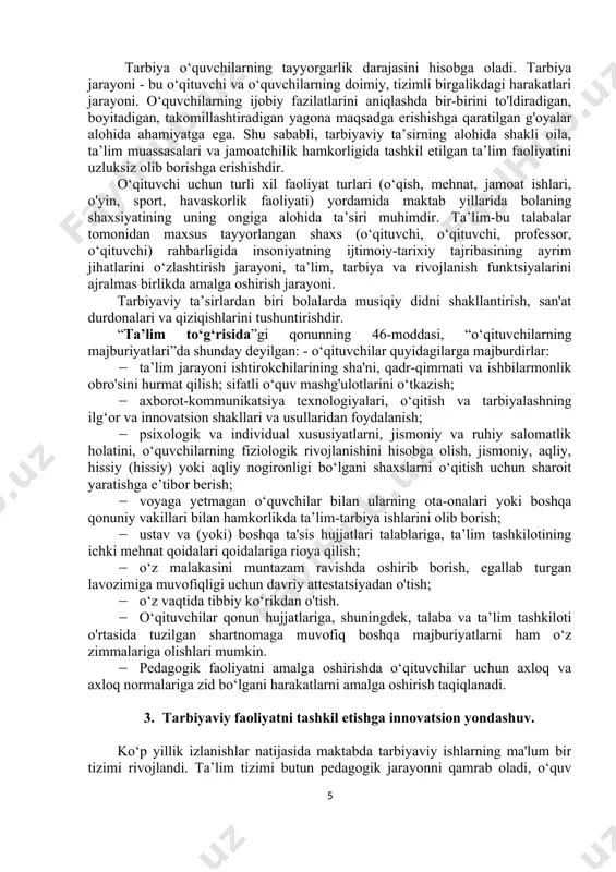 unosabatlarga kirishadi. haqiqiy ta’lim jarayonida bu holat o‘qituvchiga ixchamlikni - moslashuvchanlikni, harakatchanlikni, o'zgaruvchanlikni, tezkor aqlni taklif qiladi. hech qanday ta’lim tizimi doimiy emas, chunki bola turli xil ijtimoiy munosabatlarga, aloqalarga kirganda, o‘zi ham o‘zgaradi, tarbiya jarayonining ijtimoiy funktsiyasi ham o‘sib boradi va murakkablashadi, shu bilan birga rivojlanayotgan yosh avlodga qo‘yiladigan talablar ham oshadi. being due to the formation of the human bio social creatures, as well as the development of biological and social development, and a person at a certain stage of perfection. man found a number of social, scientific-based forms of independent thought. social development - external and internal factors and qarilmaydigan a positive impact, and that the process of formation of the person. human and social development of targeted education and training leading position. educational activities - in order to meet the training needs of the society is based on the scientific development of human attributes and qualities …