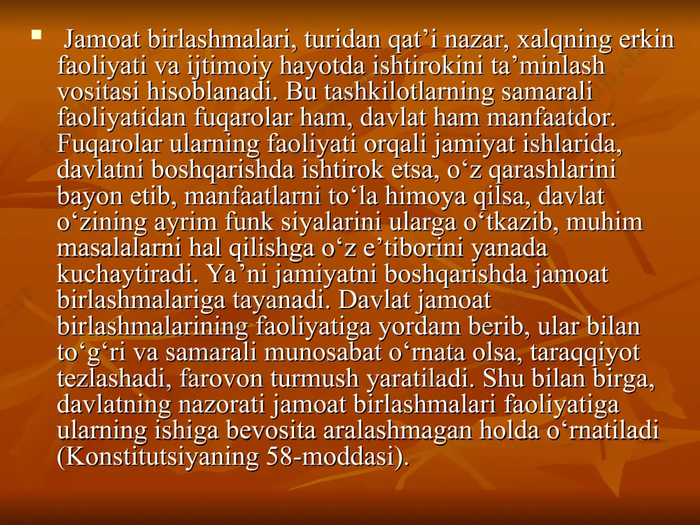 erkinligi va diniy tashkilotlar to‘g‘risida” qonuni yangi tahrirda qabul qilindi. bu qonun har bir shaxsning vijdon erkinligini, diniy e’tiqod huquqini, dinga munosabatidan qat'iy nazar fuqarolar tengligini, shuningdek diniy tashkilotlarning faoliyati bilan bog‘liq munosabatlarni tartibga soldi va dinni davlatdan ajratilganligini qonuniy mustahkamlab qo‘ydi. o‘zbekiston respublikasining amaldagi konstitutsiyasi qabul qilinishida bu masala alohida e'tibor berildi. konstitutsiyaning 31-moddasida vijdon erkinligi fuqarolarning shaxsiy huquqlari qatorida mustahkamlandi. yodda tuting! vijdon erkinligi fuqarolarning har qanday dinga e’tiqod qilish yoki hech qanday dinga e’tiqod qilmaslikdan iborat kafolatlangan konstitutsiyaviy huquqidir. yodda tuting! o‘zbekiston respublikasida din davlatdan ajratilgan. hech bir dinga yoki diniy e’tiqodga boshqalariga nisbatan biron-bir imtiyoz yoki cheklashlar belgilanishiga yo‘l qo‘yilmaydi. mustaqillik yillarida mamlakatimizda yoshlarni vatanparvarlik, molliy an'ana va qadriyatlarimizga hurmat ruhida tarbiyalash, ma'naviy yetuk va jismonan sog'lom barkamol avlodni voyaga yetkazish, ularning huquq va manfaatlarini himoya qilish borasida muayyan ishlar amalga oshirildi. 2017-2021-yillarda o'zbekiston respublikasini rivojlantirishning beshta ustuvor yo'nalishi bo'yicha harakatlar strategiyasi yoshlarga demokratik davlat qurish …