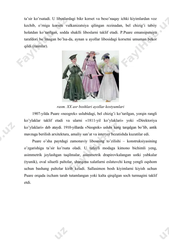orqada ixcham tarab tutamlangan yoki kalta qirqilgan soch turmagini taklif etdi. rasm. xx asr boshlari ayollar liboslari birinchi jahon urushi davrida liboslardagi o’zgarishlar. xx asr ommaviy modadagi tub o’zgarishlar birinchi jahon urushi (1914–1918) davriga to’g’ri keldi. shu vaqt mobaynida avstriya – vengriya, serbiya, germaniya, rossiya, fransiya, angliya, italiya, yaponiya, turkiya, bolgariya va amerika qo’shma shtatlari o’zaro urushishgan. bu urush yangicha tarixdagi burilish nuqtasi bo’lib, nafaqat yevropaning siyosiy xaritasini, balki hayot tarzini tubdan o’zgartirib yuborgan. urushda qatnashayotgan mamlakatl ardagi 74 mln. dan ziyodroq harbiy xizmatga chaqirilgan erkaklar harbiy forma kiygan. xaki rangi urush timsoli bo’lib qolgan. uniforma nafaqat o’sha davrning ommaviy liboslariga, balki butun xx asr modasiga o’z ta’sirini ko’rsatgan – harbiylar kiyimidagi ko’p elementlar kundalik liboslariga kirib kelgan. rasm. xx asr boshlari erkaklar kostyumi urush paytida erkaklar jang qilayotgan bo’lsa, ayollar frontga ketgan erkaklarning o’rnini bosishga majbur edi. tarixda birinchi marta ayollar gospital, fabrika, harbiy zavodlarda ishlay boshlashgan, tramvay haydovchi, …