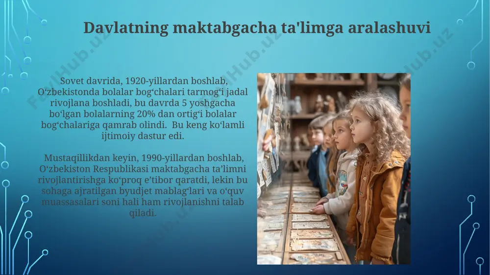lari ta'sirida shakllana boshladi. 18-asr va 19-asr boshlarida maktabgacha ta'lim 18-asr oxiri va 19-asr boshlarida, yevropaning ba’zi rivojlangan mamlakatlarida, masalan, germaniyada va fransiyada, maktabgacha yoshdagi bolalar uchun birinchi kindergartelnlar, taxminan 20-30 nafar bolaga mo’ljallangan kichik guruhlarda, paydo bo’la boshladi. rossiyada 19-asr oxirida, pedagogika sohasida taniqli shaxslarning, masalan, k.d.ushinskiyning ta’siri ostida, bolalar bog‘chalari tizimi asta-sekin rivojlana boshladi, lekin 5 yoshdan katta bolalarga yo’naltirilgan edi. fröbel va bog'cha maktablarining paydo bo'lishi frobelning bog'cha maktablari bolalarni ijtimoiylashtirish, muloqot ko'nikmalarini rivojlantirishga qaratilgan bo'lib, taxminan 20 ga yaqin turli xil didaktik o'yin materiallaridan foydalanar edi. frobelning pedagogik g'oyalari, shu jumladan, "sovg'alar" va "mashqlar" deb nomlangan o'quv materiallari, 19-asr davomida butun dunyo bo'ylab, jumladan rossiya imperiyasi hududida ham keng tarqaldi. maktabgacha ta'limning kengayishi va rivojlanishi 19-asr oxiri va 20-asr boshlarida rossiya imperiyasi hududida, jumladan, turkistonda ham, asosan, boy oilalar farzandlari uchun moʻljallangan xususiy bolalar bogʻchalari paydo boʻla boshladi, ularning soni 1917-yilgacha asta-sekin oʻsdi. mustaqillikdan keyin, oʻzbekistonda …