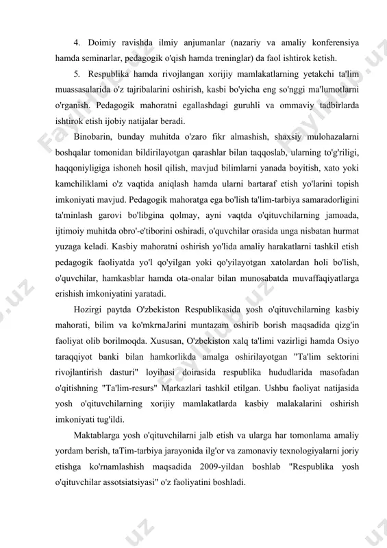 mlakatlarda kasbiy malakalarini oshirish imkoniyati tug'ildi. maktablarga yosh o'qituvchilarni jalb etish va ularga har tomonlama amaliy yordam berish, tatim-tarbiya jarayonida ilg'or va zamonaviy texnologiyalarni joriy etishga ko'rnamlashish maqsadida 2009-yildan boshlab "respublika yosh o'qituvchilar assotsiatsiyasi" o'z faoliyatini boshladi. mustaqillikka erishgach, birinchi prezidentimiz i.a. karimov tashabbusi bilan 1- oktyabr — o'qituvchi va murabbiylar kuni umumxalq bayrami sifatida keng nishonlanadi. mamlakatimizda an'anaviy ravishda "yilning eng yaxshi pedagogi" respublika ko'rik-tanlovi o'tkazilib kelinmoqda. umumtatim maktablarida faoliyat ko'rsatayotgan pedagog xodimlar orasida ilg'or va tashabbuskor o'qituvchilar aniqlanib rag'batlantirili, yosh o'qituvchilarda o'z kasbiga nisbatan hurmat va ehtirom uyg'otadi. 2006-yildan boshlab esa, "yilning eng yaxshi fan o'qituvchisi" ko'rik tanlovi o'tkazilib kelinmoqda. "yil maktabi" - respublika ko'rik-tanlovi o'tkazilib kelinmoqda. o'qituvchilarga jamoa asosida ta'lim muassasasida qo'lga kiritilayotgan yutuqlami targ'ib etish uchun sharoit yaratmoqda. shuningdek, mustaqillik yillarida respublika xalq ta'limi tizimidagi 3425 nafar o'qituvchi va murabbiylar pedagogik faoliyatda ulkan yutuqlami qo'lga kiritganlari va fidokorona mehnatlari uchun turli davlat mukofotlari va unvonlari bilan …