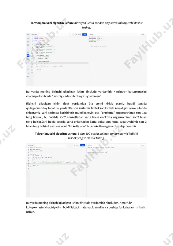 birinchi qiladigan ishim #include yordamida , kutupxonasini chaqirip olish boldi.sababi matematik amallar va boshqa funksiyalani ishlashi uchun. 1 dan 100 gacha bolgan sonlarini yigindisini topish uchun biz avvalo intyordamida yigindimizni 0 ga teng deb olamiz yegindi bizga javob sifatida kerak boladi. keyin esa for funksiyasini ishga tushiramiz yani for (bajarilsin) ( biz “i” ozgaruvchisidan foydalanamiz “i”ning qiladigan ishi sanash yani 0 dan 9gacha cheksiz(adashmasam) i dan 1ni ayiramiz bizga chunki 0 kerak emas keyin esa “i” 100dan katta bolsa yoki teng bolsa “i++” yani sanashni toxtatishni buyuramiz.va yigindiga “i” qoshamiz yoki teg dep beramiz.keyin esa javobiga “ 1 dan 100gacha bogan sonlani yigindisi sifatida yigindi ozgaruvchimiz chiqishini yozib qoysak boldi. va biz maqsadimizga yetamiz! etiborilar uchun rahmat erkinov akbar image1.png image2.png image3.png