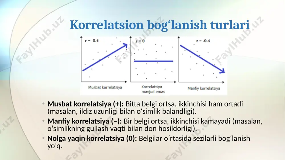 iklar korrelatsiya sababiylikni isbotlamaydi. masalan, “bo‘y balandligi – hosildorlik” korrelyatsiyasi kuchli bo‘lsa ham, bo‘y balandlikni ko‘paytirish doim hosilni oshirmaydi. shuning uchun korrelatsion tahlilni eksperimental sinovlar bilan tasdiqlash zarur. korrelatsiya matritsasi bu jadval orqali qaysi belgilar eng ko‘p ta’sir ko‘rsatayotgani aniqlanadi. xulosa o‘simliklar belgi-xususiyatlari orasidagi korrelatsion bog‘liqliklarni aniqlash – seleksiya, genetika va agrobiologiyada eng muhim usullardan biridir. chunki har bir o‘simlikning rivojlanishi, hosildorligi va sifat ko‘rsatkichlari ko‘p belgilar yig‘indisiga bog‘liq. umuman olganda, korrelatsion bog‘liqliklarni o‘rganish o‘simlikshunoslikdagi ilmiy tadqiqotlarning asosiy yo‘nalishlaridan biri bo‘lib, u seleksionerlarga yangi, yuqori hosildor va sifatli navlarni yaratishda ishonchli ilmiy asos bo‘lib xizmat qiladi. foydalanilgan adabiyotlar xo‘jayev, m. ch., seleksiya va urug‘chilik asoslari. – toshkent: o‘zbekiston milliy universiteti nashriyoti, 2018. abdukarimov, a. a., biometriya va statistika asoslari qishloq xo‘jaligida. – toshkent: “fan va texnologiya”, 2016. g‘ulomov, a. sh., o‘simlikshunoslik nazariyasi va amaliyoti. – toshkent: “o‘qituvchi”, 2019. rasulov, s. b., qishloq xo‘jaligi ekinlari seleksiyasi. – toshkent: “universitet”, 2017. usmonov, …