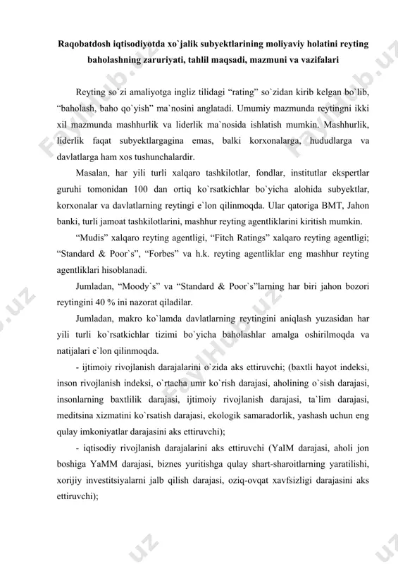 adan, makro ko`lamda davlatlarning reytingini aniqlash yuzasidan har yili turli ko`rsatkichlar tizimi bo`yicha baholashlar amalga oshirilmoqda va natijalari e`lon qilinmoqda. - ijtimoiy rivojlanish darajalarini o`zida aks ettiruvchi; (baxtli hayot indeksi, inson rivojlanish indeksi, o`rtacha umr ko`rish darajasi, aholining o`sish darajasi, insonlarning baxtlilik darajasi, ijtimoiy rivojlanish darajasi, ta`lim darajasi, meditsina xizmatini ko`rsatish darajasi, ekologik samaradorlik, yashash uchun eng qulay imkoniyatlar darajasini aks ettiruvchi); - iqtisodiy rivojlanish darajalarini aks ettiruvchi (yaim darajasi, aholi jon boshiga yamm darajasi, biznes yuritishga qulay shart-sharoitlarning yaratilishi, xorijiy investitsiyalarni jalb qilish darajasi, oziq-ovqat xavfsizligi darajasini aks ettiruvchi); - siyosiy rivojlanish darajalarini aks ettiruvchi (tinchliksevarlik, qonun ustuvorligi, terrorizm xavfining yo`qligi darajasini aks ettiruvchi); - ilmiy texnikaviy rivojlanish darajasini aks ettiruvchi (ilmiy tadqiqot faolligi, patentlar olish, innovatsion rivojlanish darajalarini aks ettiruvchi); - axborot kommunikatsion rivojlanish darajalarini aks ettiruvchi (elektron hukumatning rivojlanishi, internet tizimining joriy etilishi va uning tezligi, mobil aloqa tizimidan foydalanish darajalarini aks ettiruvchi); o`zbekiston dunyo davlatlari qatorida, …