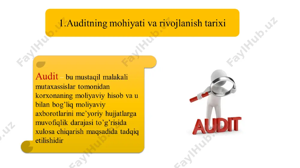 i jazolash. audit: taftish: tavsifi ishbilarmonlik faoliyati ijroiy faoliyat,farmoyishlarni bajarish o’zaro huquqiy munosabat asoslari fuqarolik huquqi, xo‘jalik shartnomalarga asosan amalga oshirish. ma’muriy huquq, majburiylik, yuqori tashkilot yoki davlat idoralari farmoyishlariga muvofiq amalga oshirish. boshqaruv aloqalari gorizontal (-) aloqalar, mijoz bilan munosabatlarda teng huquqliiik, uning oldida hisobot berish. vertikal (|) aloqalar, yuqori bo'g'in tomonidan tayinlanish, ijrosi to‘g‘risida | unga hisobot berish. xizmatlarga to’lov tamoyillari to'lovni mijoz-korxona yoki auditorlik tekshiruvini buyurtmachisi shartnoma asosida amalga oshiradi. to'lovni yuqori bo'g'in yoki davlat idorasi amalga oshiradi. amaliy masalalar mijozning moliyaviy holatini yaxshilash, passiv (investor, kreditor) larni jalb qilish, mijozga maslahatlar bilan yordam berish. aktivlami saqlash suiste’molchiliklami bartaraf etish va oldini olish. natijalar auditorlik hisoboti va auditorlik xulosasi tuzish bilan yakunlanadi. moliyaviy hisobotning ishonchliligini tasdiqlovchi auditorlik xulosasining yakuniy qismi chop etilishi mumkin. dalolatnoma - bu barcha aniqlangan, hatto ahamiyatsiz bo'lgan kamchiliklar qayd etilgan ichki hujjat dalolatnoma yuqori tashkilotga yoki boshqa idoralarga taqdim etilishi mumkin. e’tiboringiz uchun …