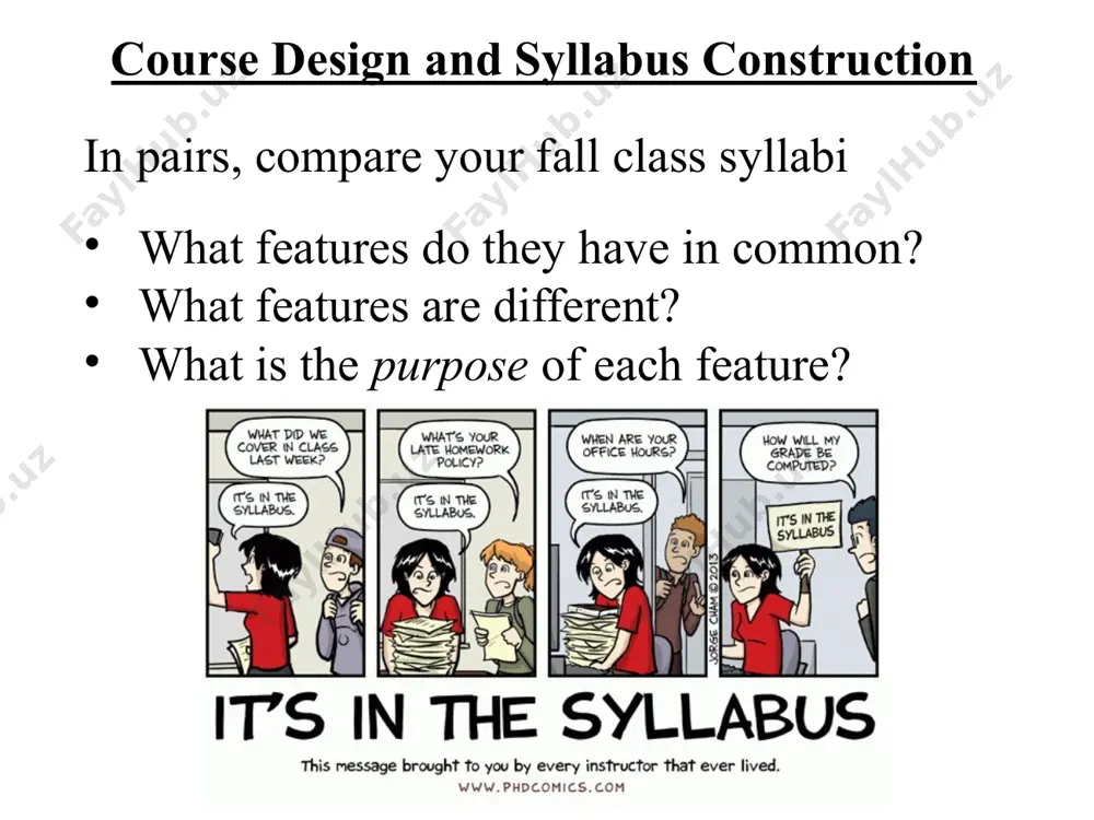 submission information on special services or resources which might be helpful to the students other information which would help students succeed in this class syllabus enhancements syllabi serve several important purposes to communicate the instructor’s course design (e.g., goals, organization, policies, expectations, requirements) to students. to convey our enthusiasm for the topic and our expectations for the course to show how this course fits into a broader context (“the big picture”) to establish a contract with students by publicly stating policies, evaluation requirements, and procedures for the course to set the tone for the course, and convey how we perceive our role as the teacher and their role as students to help students assess their readiness for the course by identifying prerequisite areas of knowledge to help students manage their learning by identifying outside resources and/or providing advice to communicate our course goals and content to colleagues maintain some flexibility …