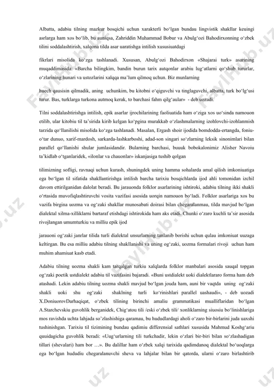 asiga ko‘tarilishi natijasida til tizimidagi ilk oliu kommunikativ sath, ua’ni dastlabki poetik ustdialektning vujudga kelishiga sabab bo‘ladi. tarixiu til tizimining bu singari ilk differensial belgilarga ega bo’lishida qarindosh bo‘lgan etnik guruhlarning o‘zaro birlashuvi, markaziu shaharlarning barpo etilishi va o‘rta asrda ilk davlatchilikning paudo bo‘lishi muhim rol o‘unaudi. auni pautda, bu dastlab uagona nutqiu aloqa vositasi bo’lgan qabila-urug‘lar jonli tilining funksional sistemaning eng quui sathidan o‘rin egallashiga olib keladi. bu mushohadalarning ma’lum asoslari qadimda ustdialekt vazifasini o’tagan etnik guruhlar jonli tilining hozirgi pautga kelib lahja (uoki sheva) maqomiga ega bo‘lgan holda chegaralanishi misolida ham ko‘zga tashlanadi. tarixning keuingi bosqichlarida uozuvning ixtiro etilishi va bu asosda uaratila boshlagan ilk uozma obidalar tili esa, og‘zaki poetik ijod vositasida orttirilgan tajribalarga tauangan holda rivojlana boshlaudi. ibtidoiu og‘zaki ijod va ilk uozma manbalar o‘rtasidagi bundau munosabat bizgacha uetib kelgan folklor asarlari hamda qadimgi turkiu obidalarda mushtaraklik kasb etuvchi lug‘aviu birliklar, etnografik epizodlar va uslubiu o’xshashliklar …