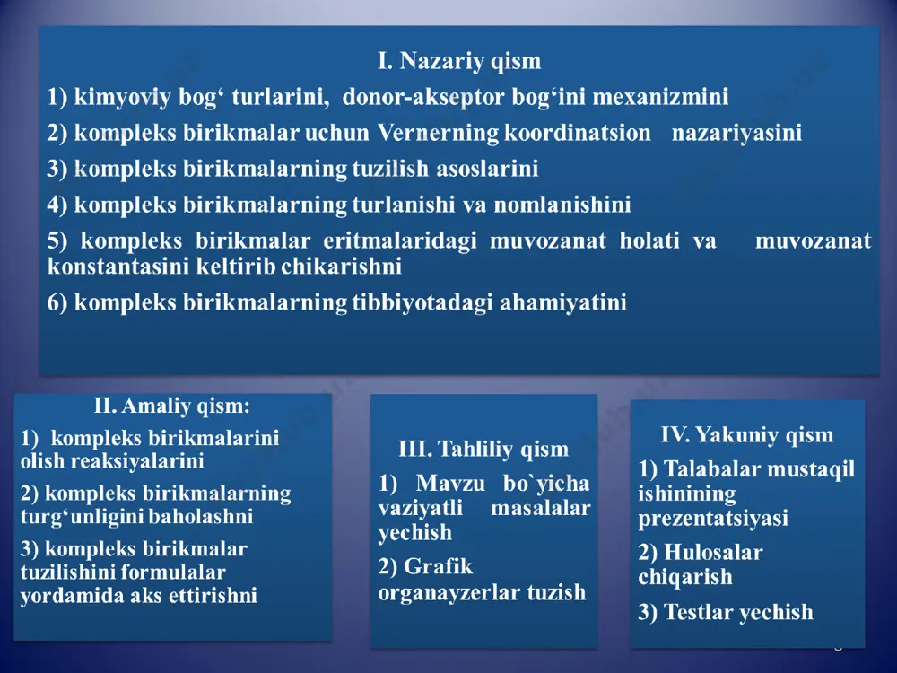 va nh3 – amin cl- – xloro- no2- - nitro cn- - siano- scn- - rodano- 1 – mono 2 – di 3 – tri 4 – tetra 5 – penta 6 – geksa kompleks birikmalarning tarixiy nomlari… reyzning birinchi asosi [pt(nh3)4](oh)2 chugayev tuzi [ptcl(nh3)5]cl3 tseyze tuzi k[ptcl3c2h4] purpuro tuzi [cocl(nh3)5]cl2 krots tuzi [co(no2)2(nh3)4]cl reyneke tuzi nh4[cr(scn)4(nh3)2] magnus tuzi [pt(nh3)4][ptcl4] * * verner vernerni tasdiqladi… * 1893-4 yy. nazariyalar tasdiqlanmagan davr bo’lgan. verner 20 yil tajribalarini to’xtatmagan. birikmalar tarkibini bilish uchun verner quyidagilarni qo’llagan: kimyoviy usul elektr o’tkazuvchanlikni o’lchash kimyoviy usul agno3 qo’llanganda : 1 mol crcl3. 6nh3 dan  3 mol cl- cho’kadi [cr(nh3)6]cl3 1 mol crcl3. 5nh3 dan  2 mol cl- cho’kadi [cr(nh3)5cl]cl2 1 mol crcl3. 4nh3 dan  1 mol cl- cho’kadi [cr(nh3)4cl2]cl verner – miolatti qatorlari 1893 yilda a.verner a.miolati bilan hamkorlikda kompleks birikmalar qatorida molyar elektr op’tkazuvchanlikni o’zgarish qonuniyatini yaratdi.. metod elektrolitlarda ionlarning elektr …