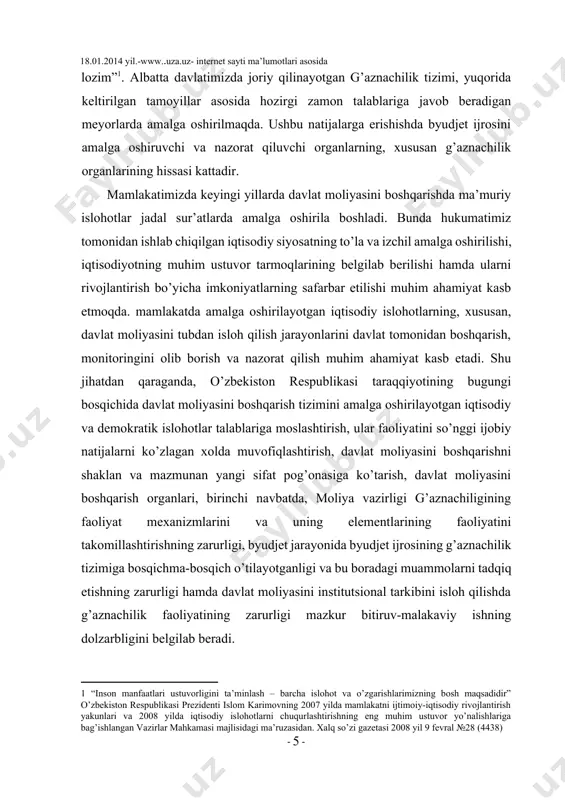 lab beradi. tadqiqotning maqsadi va vazifalari. ushbu bitiruv malakaviy ishi uchun tanlangan mavzuning asosiy maqsadi davlat moliyasini isloh qilish sharoitida davlat byudjeti g’azna ijrosining nazariy, amaliy, metodologik asoslarini, shuningdek, uning asosiy elementlari va o’ziga xos xususiyatlarini o’rganish va davlat byudjeti g’azna ijrosini joriy qilishning bugungi kundagi dolzarb muammolarini tadqiq qilishdan iboratdir. mavzuning asosiy mazmunini yoritishda va tanlab olingan tadqiqot yo’nalishini yoritishda quyidagilar asosiy vazifalar qilib belgilandi: · davlat budjetining g’azna ijrosining ahamiyati va uning o’ziga xos xususiyatlarini o’rganish; · davlat budjeti g’azna ijrosining asosiy elementlari va huquqiy asoslarini o’rganish; · o‘zbekiston respublikasi moliya vazirligi g’aznachiligining davlat budjeti g’azna ijrosini tashkil etishdagi faoliyati va asosiy vazifalarini tahlil etish; · g’aznachilikda narxlar monitoringini olib borish va davlat xaridini tashkil etish amaliyotini tahlili etish; · yuridik va moliyaviy majburiyatlar, budjetdan mablag’ oluvchilar xarajatlari to’lovini amalga oshirish tartibini tadqiq etish; · iqtisodiyotni modernizatsiyalash sharoitida davlat budjeti gazna ijrosi tizimini takomillashtirish masalalri · davlat byudjeti …