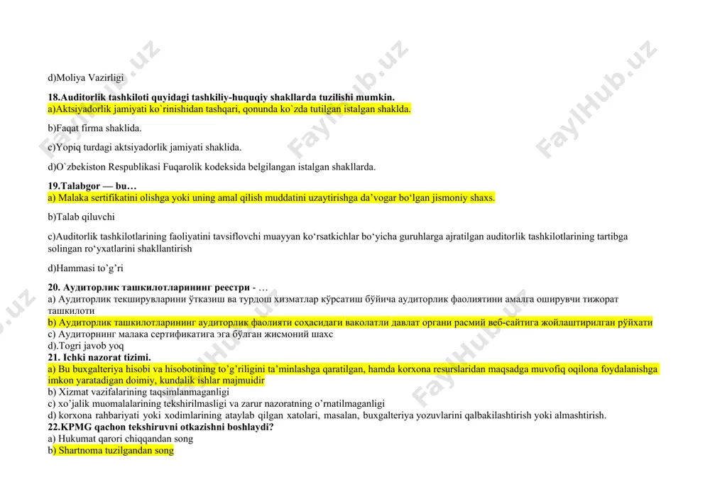 vlarini qalbakilashtirish yoki almashtirish. 2. aniqlanmaslik riski nima? a) auditor tekshiruvni o'tkazgach, aslida muhim xatoliklarga ega schyotlnrga nisbatan, bilmagan holda, ijobiy xulosa berib yuborishi riski b) auditor tekshimvni rejalashtirish jarayonida bu risklarni o'rganishi, baholashi va tegishli ishchi qog‘ozlarda hujjatlashtirishi lozim c) xo’jalik muomalalarining tekshirilmasligi va zarur nazoratning o’rnatilmaganligi d) korxona rahbariyati yoki xodimlarining ataylab qilgan xatolari, masalan, buxgalteriya yozuvlarini qalbakilashtirish yoki almashtirish 3.katta tortlikga kiruvchi auditorlik kompaniyasi? a) pwc b) aaoifi c) ifc d) arm 4 auditorlik sertikati ikkinchi muddatga qayta oilsh qaysi javobda kursatilgan ? a) 15 yil b) 20 yil c) 10 yil d) 3 yil 5. audit fani predmeti qaysi javobda korsatilgan? a) korxona nizomi b) korxona kapitali togrisidagi xisobot c) korxoha guvohnomasi d) korxona qqs togrisidagi guvohnomasi 6.audit tamoyili qaysi javobda? a) ishonchlilik b) muddatlilik c)xalollik d) taminlanganlik 7.ichki auditga asos….. a) shartnoma b) yuqori organni farmoyishi c)sud qarori d) togri javob yoq. 8. aydit vazifasi …