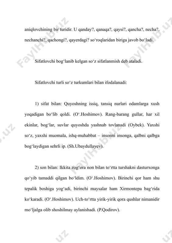 ermoqda... edi. (p.q.). 5) sifatdosh bilan: unda dam oladigan va yo tunab qoladigan manzil yo‘q. (k.yashin). aytar so‘zni ayt, aytmas so‘zdan qayt. (maqol). 6) ravish bilan: ko‘p befoyda narsalarni o‘rganganingdan ko‘ra senga doimo xizmat qiladigan besh-o‘nta yaxshi o‘gitni bilganing ma’qulroq. (seneka). 7) taqlid so‘z bilan: g‘ir-g‘ir mayin bahor shamoli. (oybek). bir gala o‘rdak kanal bo‘yiga tushdi. bularning g‘aq-g‘uq ovozi ancha vaqtgacha bosilmadi. (s.ahmad). sifatlovchi ba’zan so‘z birikmasi bilan ham ifodalanadi. masalan: qarama-qarshi turgan ikki eshikning birini shaxt bilan ochdi... (p.qodirov). dunyoda xushfe’l, olijanob, hamisha ezgu niyat bilan ish qiladigan odamlar juda ko‘p (o.husanov). sifatlovchi vazifasini gapga teng predikativ birliklar ham bajarishi mumkin: himmati zo‘r kishining qimmati zo‘rdir. («oz-oz o‘rganib dono bo‘lur»). bu aniqlovchi ot yoki otlashgan so‘z bilan ifodalangan bo‘lakka muvofiqlashuv yo‘li bilan bog‘lanib, o‘zi ifodalayotgan shaxs yo predmetga boshqa bir shaxs yoki predmetning qarashli, tegishli ekanini bildiruvchi aniqlovchining bir turidir. u kimning? nimaning? qayerning? so‘roqlaridan biriga javob bo‘ladi. qaratuvchi …