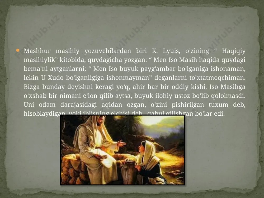 ”-deb. ya’ni bu shuni ko’rsatadiki, u haqiqatdan ham xudoligini aytmoqchi bo’lgan: “ men va otam -birmiz”-deb. yana bir matnni masala qilish mumkin -- yuhanno xushxabari 8:58: “iso ularga:- sizlarga rostini aytay: ibrohim vujudga kelmasidan oldin men bor edim”-dedi. va yana uning javobiga, yahudiylar uni toshbo’ron qilishmoqchi edi ( yuhanno xushxabari 8:59).o’ziga nisbatan “ men bor” degan so’z birikmasini ishlatib, iso to’g’ri xudoning eskiahd ismiga dalil keltirdi ( chiqish kitobi3:14).faqat, iso aniq kufurlik qilayotgani uchun, aniqrog’i o’zini xudo deb, e’lon qilayotgani sabab, yahudiylarda ,uni toshbo’ron qilish niyatini tug’dirishi mumkin edi. yuhanno xushxabari 1:1da yozilgan: “ kalom - xudo edi”, 1:14da esa - “ kalom inson qiyofasiga kirdi”. bu aniq shuni ko’rsatadiki, iso tandagi xudo.havoriylardan biri, toma, isoga shunday deb, murojaat qildi: “ ey mening rabbim va xudoyim!” ( yuhanno xushxabari 20:28) - va iso uni to’g’irlagani ham yo’q. havoriy pavlus uni “… buyuk xudo va qutqaruvchimiz iso masih…”( titusga maktub 2:13) …