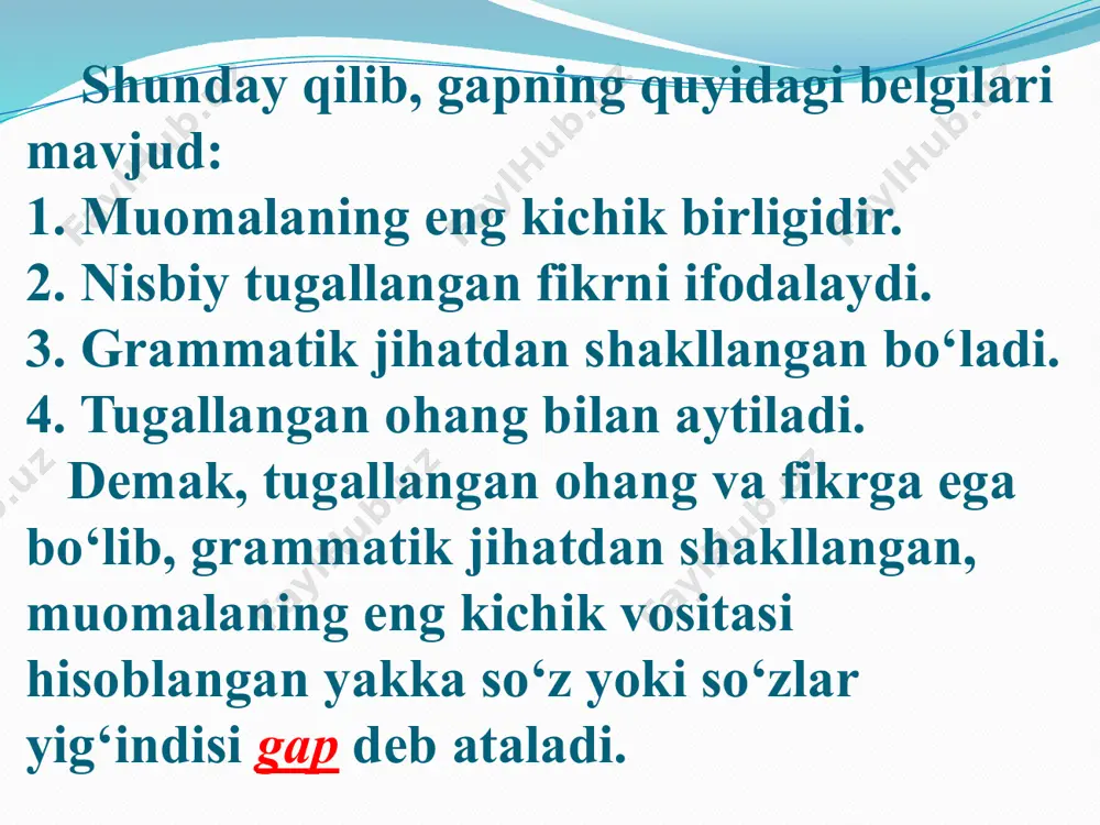 ‘lagini hosil qiladi. gap bo‘lagi vazifasini mustaqil so‘zlargina bajaradi. gap bo‘laklari 5 ta: kesim, ega, to‘ldiruvchi, aniqlovchi, hol. kesim gapning asosini tashkil qiluvchi markazdir. ega kesimga bog‘lanib, undan anglashilgan belgi egasi yoki harakat bajaruvchisini ifodalaydi. ega va kesim gapning bosh bo‘laklaridir. ular o‘zaro faqat tobe bog‘lanadi. ega va kesim yoki kesimning o‘zi gapning grammatik asosini tashkil qiladi: halol mehnat kishini ulug‘laydi. kuz. daraxt yaproqlari asta to‘kiladi. bugun kitobdan foydalanmaysizlar. to‘ldiruvchi, aniqlovchi, hol bo‘laklari esa ega yoki kesimga tobelanib, ularni to‘ldiradi, aniqlaydi, izohlaydi. shu sababli ular gapning ikkinchi darajali bo‘laklari deyiladi: men qip-qizil gullarni ustozimga chin dildan sovg‘a qildim. kesim va uning ifodalanishi gapni yuzaga keltirish, fikr ifodalash jihatidan kesim gapdagi eng ahamiyatli bo‘lak sanaladi hamda boshqa bo‘laklarni o‘z atrofiga birlashtiruvchi, tasdiq-inkor, shaxs-son, zamon va mayl ma’nolarini ifodalovchi bosh bo‘lakdir. kesim nima qildi? nima qiladi? nima qilmoqchi? qandaydir? (u) kim? (u) nima? (u) nechta? singari so‘roqlarga javob bo‘ladi: o‘quvchilar shanbalikda faol …