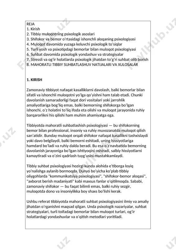 giyasini ilmiy va amaliy jihatdan o‘rganishni maqsad qilgan. unda psixologik nazariyalar, suhbat strategiyalari, turli toifadagi bemorlar bilan muloqot turlari, og‘ir holatlardagi yondashuvlar va o‘qitish metodlari yoritiladi. referatning maqsadi: shifokor va bemor o‘rtasidagi muloqot psixologiyasini tahlil qilish; mahoratli suhbatning asosiy komponentlarini ko‘rsatish; suhbatda yuzaga keladigan psixologik to‘siqlarni aniqlash; tibbiy ta’limda kommunikatsion psixologiyaning o‘rni va usullarini ko‘rsatish; yaxshi suhbat asosida davolash samaradorligini oshirish yo‘llarini taklif qilish. vazifalari: tibbiy muloqotning psixologik mexanizmlarini ochib berish; bemorlarning psixotipiga mos muloqot usullarini tavsiflash; stressli holatlarda psixologik yondashuvni yoritish; axloqiy va kasbiy chegaralarni belgilashning ahamiyatini tushuntirish; zamonaviy texnologiyalar orqali muloqotni rivojlantirish yo‘llarini ko‘rsatish. ushbu mavzu tibbiy amaliyotda ko‘plab o‘rin tutuvchi muammolarni yoritadi va kelajakdagi mutaxassislar uchun muhim bilim manbai bo‘lib xizmat qiladi. 2. tibbiy muloqotning psixologik asoslari tibbiy muloqot — bu nafaqat axborot almashinuvi, balki insonning ichki dunyosi, his-tuyg‘ulari, ehtiyoj va qo‘rquvlari bilan yuzma-yuz keladigan murakkab psixologik jarayondir. shifokor va bemor o‘rtasidagi muloqotda shunchaki “gaplashish” emas, balki …