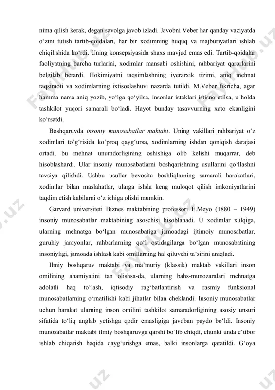 h, iqtisodiy rag‘batlantirish va rasmiy funksional munosabatlarning o‘rnatilishi kabi jihatlar bilan cheklandi. insoniy munosabatlar uchun harakat ularning inson omilini tashkilot samaradorligining asosiy unsuri sifatida to‘liq anglab yetishga qodir emasligiga javoban paydo bo‘ldi. insoniy munosabatlar maktabi ilmiy boshqaruvga qarshi bo‘lib chiqdi, chunki unda e’tibor ishlab chiqarish haqida qayg‘urishga emas, balki insonlarga qaratildi. g‘oya shundan iborat ediki, insonlarga e’tiborning oddiy namoyon bo‘lishi ular mehnatining unumdorligiga juda katta ta’sir ko‘rsatadi. e.meyo, f.teylordan farqli o‘laroq, agar to‘g‘ri munosabatlar yo‘lga qo‘yilsa, inson qiziqish va shijoat bilan mehnat qiladi, deb hisoblardi. meyoning fikriga ko‘ra, menejerlar ishchilarga ishonishlari va asosiy e’tiborni jamoada yaxshi o‘zaro munosabatlarni yo‘lga qo‘yishga qaratishlari lozim. bixeviorist olimlar tomonidan motivatsiyaning bir nechta nazariyasi ishlab chiqilishi xx asrning 40 – 60-yillarida insoniy munosabatlar maktabining rivojlanishiga turtki berdi. shulardan biri boshqaruvda bixeviorizmning rivojlanishiga katta hissa qo‘shgan a.maslouning (1908 – 1970) ehtiyojlar iyerarxik nazariyasidir. keyinchalik menejmentda keng qo‘llanilgan ushbu nazariya «ehtiyojlar piramidasi» sifatida ma’lum. xulqiy fanlar maktabi …