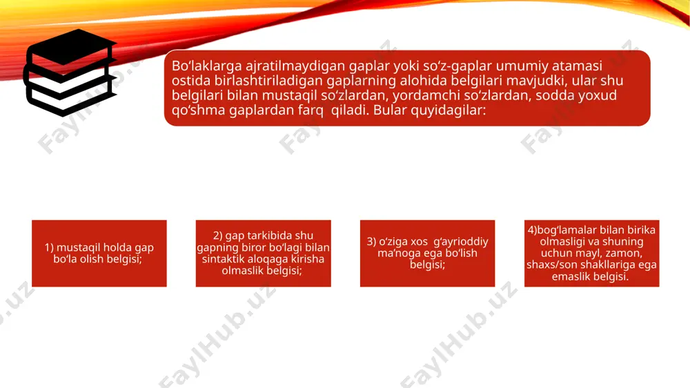 iyotlar: 1. k.nazarov. o‘zbek tili punktuatsiyasi, toshkent, 1976, 33-116-b. 2. m.mirzaev va boshqalar. o‘zbek tili, toshkent, 1978, 245-252-b. 3.k.nazarov. tinish belgilari va yozma nutq,toshkent,1974, 32-61-b. 4. b.o‘rinboev. hozirgi o‘zbek adabiy tili (sintaksis), samarqand, 2001, 162-171-b. image2.png image3.png image4.svg image1.png /docprops/thumbnail.jpeg