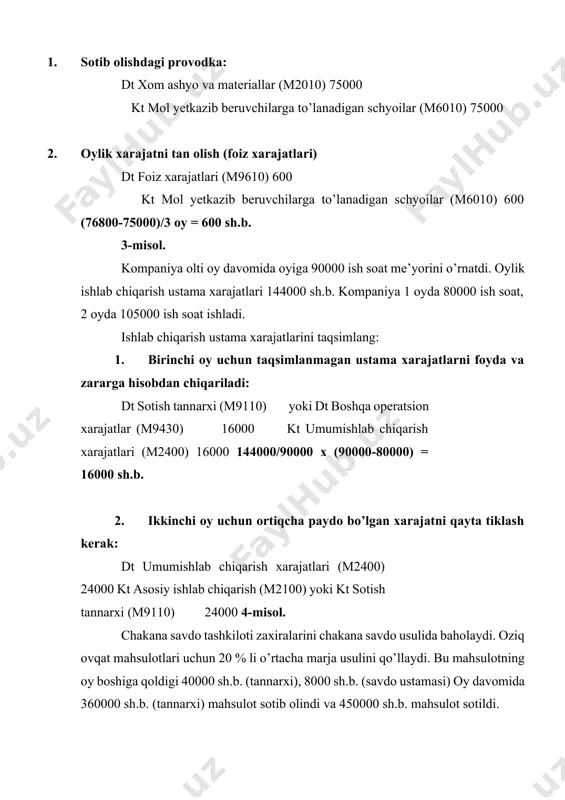 rajatlari summasida baholaydilar. bu xarajatlar, asosan, xizmat ko’rsatishda bevosita band bo’lgan xodimlar, shu jumladan ularni nazorat qiladigan xodimlar bilan bog’liq bo’lgan mexnat haqi va boshqa xarajatlar, hamda tegishli ustama xarajatlardan tashkil topadi. xizmatlarni sotishda band bo’lgan va umumiy ma’muriy xodimlarga tegishli bo’lgan mexnat haqi va boshqa xarajatlari tannarxga kiritilmaydi, va ular kelib chiqqan davrning xarajatlari sifatida tan olinadi. aksariyat hollarda, xizmat ko’rsatuvchi tashkilotlarning tmzlari tannarxiga ular tomonidan xizmat narhiga kiritiladigan foyda me’yori yoki taqsimlanmaydigan ustama xarajatlar kiritilmaydi. mhxs 41 “qishloq xo’jaligi”ga asosan xo’jalik sub’ekti o’zining biologik aktivlaridan yig’ib olgan qishloq xo’jaligi mahsulotlarini o’z ichiga oladigan tovarmoddiy zaxiralari, ularni dastlabki tan olishda yig’im paytidagi sotish xarajatlari chegirilgandagi haqqoniy qiymati bo’yicha baholanadi. bu o’sha sanadagi tovarmoddiy zaxiralarning, mazkur standart qo’llanilishi maqsadidagi, tannarxidir. tmzlar tannarxini baholash uchun, qulaylik maqsadida, me’yoriy xarajatlar bo’yicha tannarxni hisoblash usuli yoki chakana usuli kabi usullardan foydalanish mumkin, agarda ularni qo’llash natijalari taxminan tannarxga teng bo’lsa. me’yoriy xarajatlarda xom …