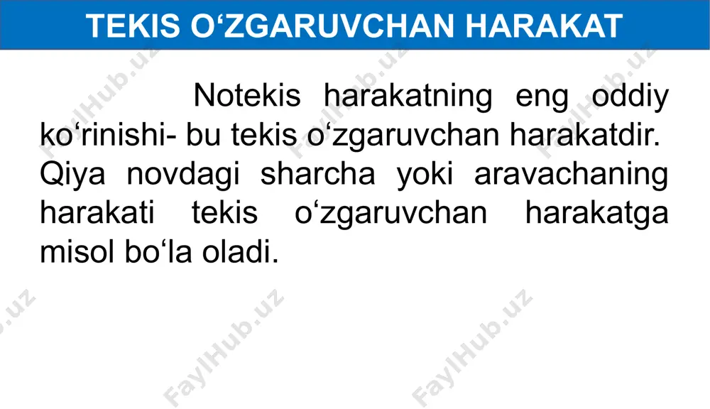 vchan harakat qilayotgan “kaptiva” avtomobili 25 s davomida tezligini 45 km/h dan 90 km/h ga oshirdi. “kaptiva” ning tezlanishini toping. 5 - mashq (5) 5. samolyot qo‘nish paytida g‘ildiraklarining yerga tekkandagi tezligi 360 km/h. agar uning tezlanishi 2 bo‘lsa, u qancha vaqtdan keyin to‘xtaydi? mustaqil bajarish uchun topshiriqlar: 1. 40 km/h tezlik bilan harakatlanayotgan avtomobil tekis tezlanuvchan harakat qilishni boshladi. 100 m masofada 60 km/h tezlikka erishish uchun u qanday tezlanish bilan harakat qilishi kerak? mustaqil bajarish uchun topshiriqlar: 2. siz yura boshladingiz va ma’lum vaqtdan keyin to‘xtadingiz. bunda qaysi holatda tezlanuvchan, qaysi holatda sekinlanuvchan harakat qilasiz? image1.png image2.png image3.png image4.png image5.png image6.png image7.png image8.png image9.png image10.png image11.png image12.png image13.png image14.png image15.png image16.png image17.png image18.png