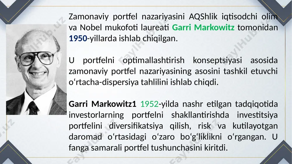 aridagi spekulyativ operatsiya turi bo'lib, bozorning turli sohalarida narxlar farqidan foydalanishga asoslangan. arbitraj baholash modeli (apt) apt modeli investor har safar imkoniyat paydo bo‘lganda xavfni oshirmasdan o‘z portfelining daromadliligini oshirishga intiladi, degan g‘oyaga asoslanadi. investorlar arbitraj tamoyilidan foydalanadilar, ya'ni bir xil qimmatli qog'ozlar yoki boshqa aktivlar uchun har xil narxlarni qo'llash orqali risksiz foyda olish imkoniyati paydo bo'lganda, ular o'z portfelining daromadliligini xavfni oshirmasdan oshirishga intiladi. arbitraj narxlari nazariyasi nima? arbitraj narxlari nazariyasi (apt) aktivning daromadliligi aktivning kutilayotgan daromadlari va aktivning riskiga ta'sir qiluvchi makroiqtisodiy omillarning chiziqli munosabati bilan prognoz qilinishi mumkinligini ta'kidlaydigan aktivlar narxini belgilash nazariyasidir. nazariya 1976 yilda amerikalik iqtisodchi stiven ross tomonidan yaratilgan apt ning asosiy afzalligi nimada? apt ning asosiy afzalligi shundaki, u investorlarga o'z tadqiqotlarini moslashtirish imkonini beradi, chunki u ko'proq ma'lumotlarni taqdim etadi va aktivlar xavfining bir nechta manbalarini taklif qilishi mumkin. y. fama va k. frenchning uch faktorli modeli fama va frenchning uch …