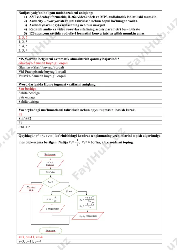 ngaytmali faylga sichqoncha chap tugmasi bilan ikki marta bosilsa qanday jarayon sodir bo’ladi. microsoft word dasturi ishga tushiriladi va unga tanlangan hujjat yuklanadi microsoft powerpoint dasturi ishga tushiriladi va unga tanlangan hujjat yuklanadi microsoft excel dasturi ishga tushiriladi va unga tanlangan hujjat yuklanadi microsoft wordpad dasturi ishga tushiriladi va unga tanlangan hujjat yuklanadi ali aytdi: “ikkilik sanoq sistemasida ketma-ket kelgan 4 ta natural sonnning yig’indisini 11(2) ga bo’lganda natural son hosil bo’ladi”, vali aytdi: “uchlik sanoq sistemasida ketma-ket kelgan 6 ta natural sonning yig’indisini 10(3) ga bo’lganda natural son hosil bo’ladi”. ularning mulohazalarini mantiqiy natijasini aniqlang. qavslar ichida sanoq sistemasi asosi berilgan. ali=rost, vali=rost ali=rost, vali=yolg’on ali= yolg’on, vali= yolg’on ali= yolg’on, vali=rost ms excel dasturida a1 da -4, a2 da 0 yozilib, ikkita katakcha belgilanib, o’ng quyi burchagidan avtoto’ldirish orqali a8 katakgacha tortildi. ushbu formula natijasini aniqlang. =срзнач(a1:a8)-2 8 12 15 7 quyidagi ko’rinishidagi kvadrat tenglamaning yechimlarini topish algoritmiga …
