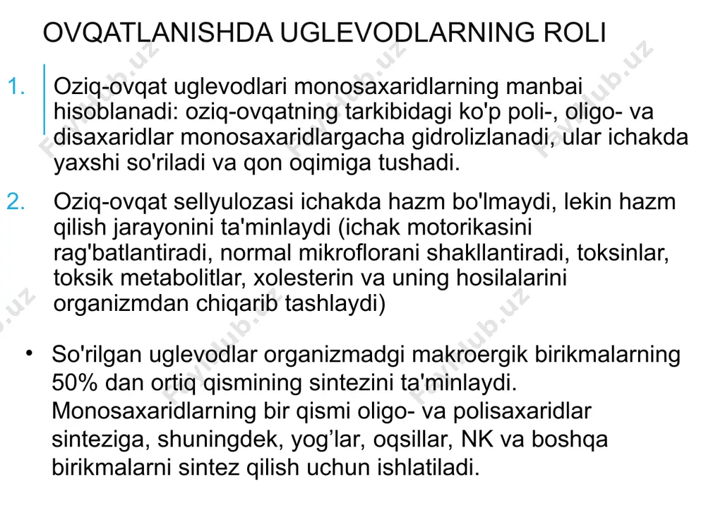 t) glut-1 (eritrotsitlar turi) - eritrotsitlarda, qon-miya to'sig'ining tomir endoteliyasida joylashgan. geni - i-xromosomada glut-2 (jigar turi) - jigar, buyraklar, ingichka ichak va oshqozon osti bezi β-hujayralarida. molekula - 524 aminokislota qoldiqlari. gen - 3-xromosomada glut-3 (miya turi) miyada, platsentada. molekula - 496 ta aminokislota qoldig'idan. gen - 12-xromosomada glut-4 (mushak-yog 'turi) mushaklarda, adipotsitlarda. molekula - 509 ta aminokislota qoldiqlaridan. gen - 17-xromosomada glut-5 (ichak turi) ingichka ichakda, buyraklarda joylashgan. molekula - 501 aminokislota qoldiqlaridan. 1-xromosomadagi gen. fruktoza so’rilishida qatnashadi. mushak va yog‘ to'qimalarining hujayralariga glukozaning yengillashgan diffuziya usulida o’tishini insulin garmoni tartibga soladi. ushbu to’qima hujayralariga insulinsiz glukoza o’ta olmaydi, chunki membranada doimiy joylashgan glukoza tashuvchilari yo’q. jigar hujayralariga glukozaning kirishi insulinga bog’liq bo‘lmagan holda, glut-2 oqsili ishtirokida amalga oshadi. uglevodlarni hazm qilishda bifidobakteriyalarning roli bifidobakteriyalar inson ichaklarida yashovchi anaerob sut kislotali bakteriyalar, butun ichak mikroflorasining 95-98% ni tashkil qiladi; tug'ilgandan keyin 3-5 kun ichida aniqlanadi. bifidobakteriyalar elektron mikroskop …