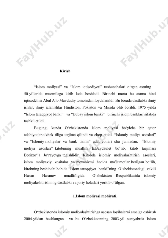 ida islomiy moliyalashtirishning nazariya va amaliyoti, zamonaviy islom moliya evolyutsiyasi, islomiy moliya va taraqqiyot, islom moliyaviy instrumentlar va ularning turlari tushunchalari yoritilgan bo’lib, bir qancha davlatlar kesimida islomiy moliyalashtirishning afzallik va muammoli tomonlari tahlil qilingan . mushoraka (sherikchilik) asosida moliyalashtirish. islom banki boshqaruvi oʼzining bir mijoziga (savdo korxonasiga) garov taqdim etish sharti bilan, kompaniyaning aylanma mablagʼlarga boʼlgan talabini qondirish uchun moliyaviy mablagʼ ajratilishini maʼqulladi. moliyalashtirish shartlariga koʼra, bank va mijoz kamayib boruvchi mushoraka (“mushoraka mutanaqisa”) shartnomasi imzolaydilar. bunda korxonaning ulushi uning sof aktivlari (yaʼni, “aktivlar-(ayruv) majburiyatlar”) qiymatiga teng boʼladi, bank esa mushorakaning umumiy qiymatidagi ulushiga mos boʼlgan mablagʼ taqdim etadi. koʼrilgan foyda sheriklar oʼrtasida kelishilgan nisbatga koʼra taqsimlanadi va bankning mushorakadagi ulushi moliyalashtirish davomida sekin asta mijoz tomonidan sotib olinadi (yaʼni bankning ulushi kamayib boradi). bankning garov talabini qondirish uchun mijoz bankka boshqa korxonaning kafolatini taklif qiladi. аmmo ushbu korxonaning 51% egalik ulushi mijozga tegishli boʼlganligi sababli bunday kafolatni qabul …
