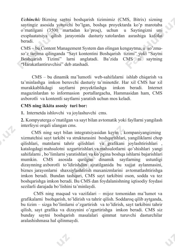 riallarni yangilash tezligini oshiradi, ya’ni sayt xo’jaynida material paydo bo’lganidan to saytda chop etilganigacha ketgan vaqt cms ni sharofati bilan minimal bo’ladi. buning ustiga cms da ma’lumotlarni hop etishga tayyorlash jarayoni juda ham oddiy. cms kontenti boshqarish tizimining shubhasiz ijobiy tomoni shundaki, saytni boshqarish va taminlash narxi pasayadi. bu web – master oylik, maoshiga hujjatlarni izlashga ikkilanish va hatoliklarni oldini olishga ketgan yoqotishlarning pasayishi, sheriklar va mijozlar bilan bog’lanish tezligining ortishi … hisobiga yuz beradi. sizga loyihani ta’minlash va rivojlantirish uchun mutaxassis yollashingizga to’g’ri kelmaydi. cms yordamida siz saytga joylashtirilgan ma’lumotlarning hajmi sayt narxiga ta’sir qilmasligiga guvoh bo’lasiz. cms kontentni boshqarish tizimi sizga saytda ihtiyoriy hajmdagi ma’lumotlarni joylashtirishga imkon beradi. odatda cms ga asoslangan sayt sahifalari butunligicha saqlanmaydi, balki ularga murojat qilishda juda tez shakllanadi, bu sahifalarni yuklashdagi tezlikni oshirishga imkon beradi, chunki sahifa shabloni (dizaynerlik rasmiylashtirish) faqat bir marta yuklanadi va keyinchalik har bir yangi sahifa so’rovida foydalanuvchi kompyuteridan …