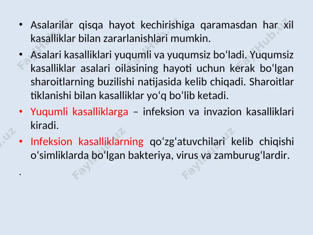 h muolajalariga ketadigan xarajatlar ko‘payib ketadi. maxsus matolar, xalat, sochiq yuz niqob va boshqa mayda asboblar 20% li peroksid vodorod eritmasiga 5 soat yoki 1% li aktivlashtirilgan xloramin eritmasiga 2 soat solib qo‘yish bilan yuqumsizlantiriladi. asalajratkich, agar u kasal oiladan asalni ajratib olishda ishlatilgan bo‘lsa, 2% li qaynab turgan kir sodasi bilan yuviladi. davolash 1-usul: davolash uchun shakar pastasidan foydalansa bo‘ladi. buning uchun 154 g shakar uniga 1 g terramitsin va 45 g kungaboqar yog‘i qo‘shib davolash pastasi tayyorlanadi. shakar pastasini 200 g li kulchaga o‘xshatib tayyorlab ramka ustidagi yupqa mato tagiga qo‘yiladi. yoki bo‘lmasa kungaboqar yog‘i qo‘shmasdan 100 g shakar uniga 2,5 g terramitsin aralashtirib ari uyasiga sepiladi. 2-usul: davolash sharbati – ikki kism shakarni bir qism suvga aralashtirib, qaynash darajasigacha olib borib tayyorlanadi. tayyorlangan shakar sharbati 30° gacha sovutilganidan keyin dorilardan biri qo‘shiladi. bir litr shakar sharbatiga: biomitsin - 500 000 ed ib (internatsional birlik). oksitetrasiklin – 400 …