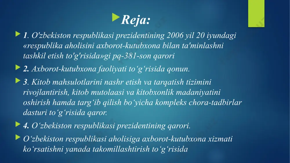 ‘g‘risida dasturda ko‘zda tutilgan quyidagi asosiy vazifalarni amalga oshirishga alohida e’tibor qaratilsin: kitob mahsulotlarini chop etish va tarqatish, noshirlik va matbaa sohalarini yanada rivojlantirishga oid normativ-huquqiy bazani takomillashtirish, ijtimoiy ahamiyatga ega bo‘lgan kitoblarni, ayniqsa, bolalarga mo‘ljallangan adabiyotlarni chop etishni davlat tomonidan qo‘llab-quvvatlash; kitob mahsulotlari bo‘yicha davlat buyurtmasining asosiy yo‘nalishlarini shakllantirish, adabiy-badiiy, o‘quv-uslubiy, ilmiy-nazariy, ilmiy-ommabop va ko‘rgazmali adabiyotlarni chop etish va tarqatish tizimini takomillashtirish, ixtisoslashtirilgan kitob do‘konlari faoliyatini rivojlantirish; jahon adabiyotining eng sara namunalarini o‘zbek tiliga tarjima qilish bo‘yicha davlat buyurtmalari berish, ularni zarur nusxalarda yuksak sifat bilan nashr etish va moliyalashtirish tizimini yo‘lga qo‘yish, kitob tarqatish tizimini yanada rivojlantirish va kitob mahsulotlarining narxini shakllantirish va sotish bo‘yicha aniq mexanizmlarni ishlab chiqish choralarini belgilash; axborot-kutubxona faoliyatini kuchaytirish, ta’lim muassasalari axborot-resurs markazlarining kutubxona fondlari, kutubxonalar, tashkilot va muassasalarning “ma’naviyat xonalari”ni o‘quv-uslubiy, texnik adabiyotlar, adabiy-badiiy, ma’rifiy va ilmiy-ommabop kitoblar bilan boyitish, ularning moddiy-texnika bazasini mustahkamlash; nashriyotlar va matbaa sohasi mutaxassislarini, badiiy va texnik …