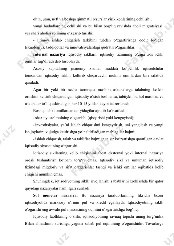 at faolligini pasaytiradi. pul va kredit tizimi beqaror tavsifga ega ekanligi sababli pul oqimini barqarorlashtirish murakkab hisoblanadi. hozirgi paytda kredit pullari to‘lov va muomala vositasi sifatida asosiy rolni o‘ynaydi. aynan bank tizimi kredit pullarni yaratadi, shunga ko‘ra, pul oqimining o‘zgarishida banklarning hisob stavkalari katta ahamiyat kasb etadi. bu nazariyaning ayrim namoyandalari pulni harakatga keltiruvchi kuch sifatida qarab, muvozanatning buzilishiga asosiy sabab deb ko‘rsatadilar. ikkinchi guruhi esa pul tizimi mutanosiblikni buzmaydi, faqat mutanosiblikni buzilishiga olib keluvchi boshqa omillar uchun sharoit yaratadi, degan fikrni ilgari suradilar. muvofiq ravishda monetar va nomonetar yo‘nalish vujudga keldi. monetar nazariyaning e’tiborli tomonlari sifatida quyidagilarni keltirish mumkin: 1) yuksalish fazasi davrida kreditni kengaytirish tufayli kelib chiqqan ishlab chiqarish tuzilmasi nomutanosibliklarini tahlil qilinadi; 2) mazkur nomutanosibliklarning salbiy oqibati sifatida kelib chiquvchi inqirozlar tahlil qilinadi. shunday qilib, bu nazariya jamg‘arishning davriy ravishda oshib ketishi va mutanosiblikning buzilishining asosiy sababi sifatida pulni ko‘rsatadilar. nomonetar nazariya tarafdorlari esa texnologik o‘zgarishlar, yangiliklar, …