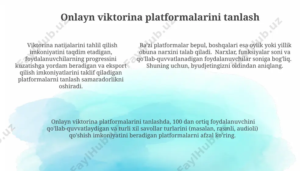 blik darajasini 1 dan 5 gacha boʻlgan shkala asosida baholash, har bir savolning ballarini va javoblarning toʻgʻriligiga qoʻshimcha ballarni hisobga olish mumkin. krossvordlarni baholashda, toʻgʻri yechilgan soʻzlar soni, soʻzlarning uzunligi va murakkabligi, va jumboqning umumiy qiyinchilik darajasi (masalan, 100 ta so'zdan 80 tasi to'g'ri bo'lsa) hisobga olinadi. krossvordlarni baholashda, toʻgʻri yechilgan soʻzlar soni, soʻzlarning uzunligi va murakkabligi, va jumboqning umumiy qiyinchilik darajasi (masalan, 100 ta so'zdan 80 tasi to'g'ri bo'lsa) hisobga olinadi. krossvordni tekshirish va tahrirlash krossvordlarni tekshirishda 100 ta katakdan ortiq bo'lgan jumboqlar uchun maxsus algoritmlar qo'llaniladi, bu esa xatolarni aniqlash va tahrirlash tezligini 20% ga oshiradi. krossvord yaratish va tahrirlash dasturlarining aksariyati 3-5 darajadagi qiyinchilikka ega jumboqlar yaratish imkoniyatini taqdim etadi va ularni avtomatik ravishda tekshirib, baholaydi. krossvordni tahrirlash jarayonida 5 dan ortiq sinonimlar mavjud bo'lganda, ularning mosligini va kontekstga mos kelishini tekshirish uchun qo'shimcha funksiyalar mavjud. viktorina uchun vositalar va platformalar “kahoot!” platformasi 50 dan ortiq turli …