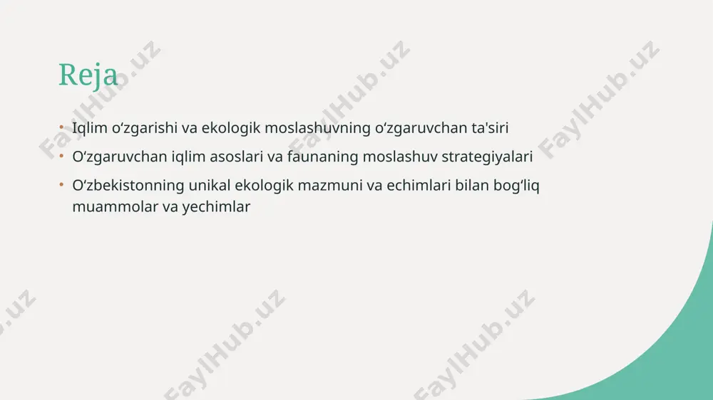 tga ega, chunki ular o'zgaruvchan iqlimning biologik kerakliklarga ta'siri va ularning o'zgarishlarga moslashishi. 04 biologik kerakliklar va iqlim o'zgarishi biologik kerakliklar, o'zgaruvchan iqlimning faol vazifalarini bajarishda katta ahamiyatga ega, chunki ular o'zgaruvchan iqlimga moslashish va o'zgarishlarga qarshi turish uchun turli echimlar rivojlanadi. ekologik moslashuvning oʻzgaruvchanlik strategiyalari 1 ekosistemlar ekologik moslashuvda oʻzgaruvchanlik strategiyalari ekosistemlarning qobiliyatini taʼminlashda muhim ahamiyatga ega. bu strategiyalar turli iqtisodiy faoliyatlar va ekologik ta'sirning takomillashtirishini oʻz ichiga oladi. 2 faoliklar faunaning oʻzgaruvchan iqlimga moslashishi strategiyalari faoliklarga zarar yetkazuvchilar bilan mukhokama qiladi va faoliklarni muhofaza qilish, ularni qoʻllab-quvvatlash va faoliklarning genofondini saqlashni oʻz ichiga oladi. 3 biodiversitet biodiversitetni saqlash strategiyalari ekologik moslashuvning oʻzgaruvchanlik javobgarligini taʼminlashda katta ahamiyatga ega. bu strategiyalar turli biologik manbalarning muhofazasi va ularning intizomini taʼminlashda yordam beradi. iqlim oʻzgarishi va ekologik moslashuvning uzviy ta'siri iqlim oʻzgarishi ekosistamalarga zararlar keltiradi, shuningdek, flora, fauna va inson jamiyatlari tomonidan rivojlanayotgan moslashtirish strategiyalari. oʻzbekistonda unikal ekologik muhitga oid muammolar va …