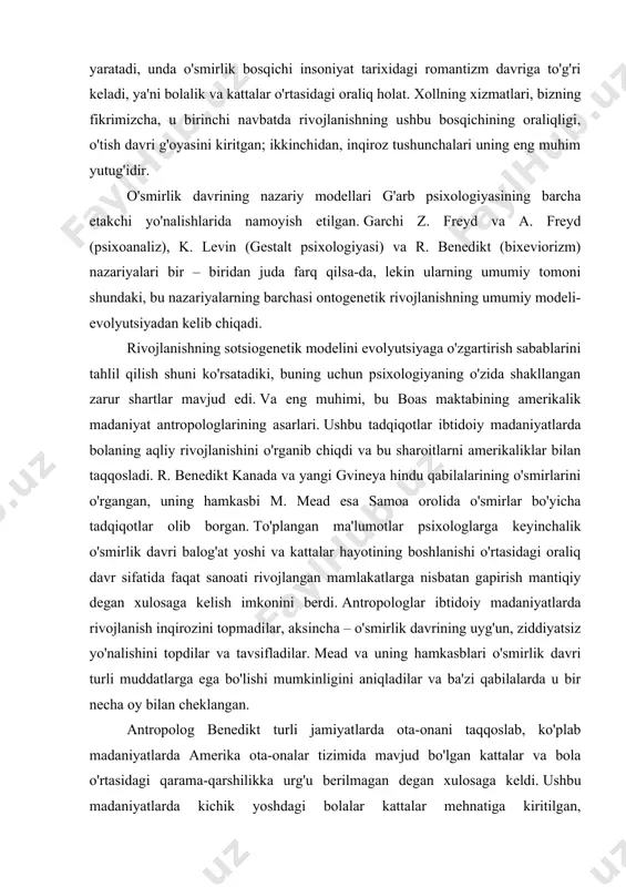 giyasi, psixoanaliz va boshqa g'arb nazariyalari bir xil talqin qilinmaydi. o'smirlik davrini o'rganishda e. shprangerning nazariyasi alohida o'rin tutadi, u shaxsning ichki dunyosi hech qanday tabiiy yoki ijtimoiy determinantlarga tubdan kamaytirilmaydi, deb hisoblagan. 14-17 yil bilan cheklangan o'smirlik davri bolalik qaramligidan xalos bo'lish istagi bilan bog'liq inqiroz bilan tavsiflanadi. ushbu yoshdagi asosiy neoplazmalar "men" ning kashf etilishi, aks ettirishning paydo bo'lishi, ularning individualligini anglashdir. ammo, o'z-o'zini anglash jarayoni va qiymat yo'nalishlarini tizimli o'rganishni boshlagan shpranger, bizning fikrimizcha, ushbu amaliy faoliyat jarayonida etakchi rolni aniq baholamagan. shprangerning nazariy qoidalari tomonidan aniqlangan sh. buller. uning fikriga ko'ra, o'smirlik bosqichi yoshlik davrining salbiy bosqichi bo'lib, uning xarakterli xususiyatlari: tashvish, asabiylashish, tajovuzkorlik, maqsadsiz isyon, tegishli jismoniy va ruhiy imkoniyatlar bilan mustahkamlanmagan mustaqillikka intilish. biroq, biz buller o'smirlik davrini juda bir tomonlama aniqlagan deb hisoblaymiz. psixoanalitik an'ana ijtimoiy muhit omillari ichki oilaviy munosabatlarga kamayadi. kelib chiqishi z. freyd bo'lgan ushbu yo'nalish libido energiyasini, barcha ehtiyojlarning …